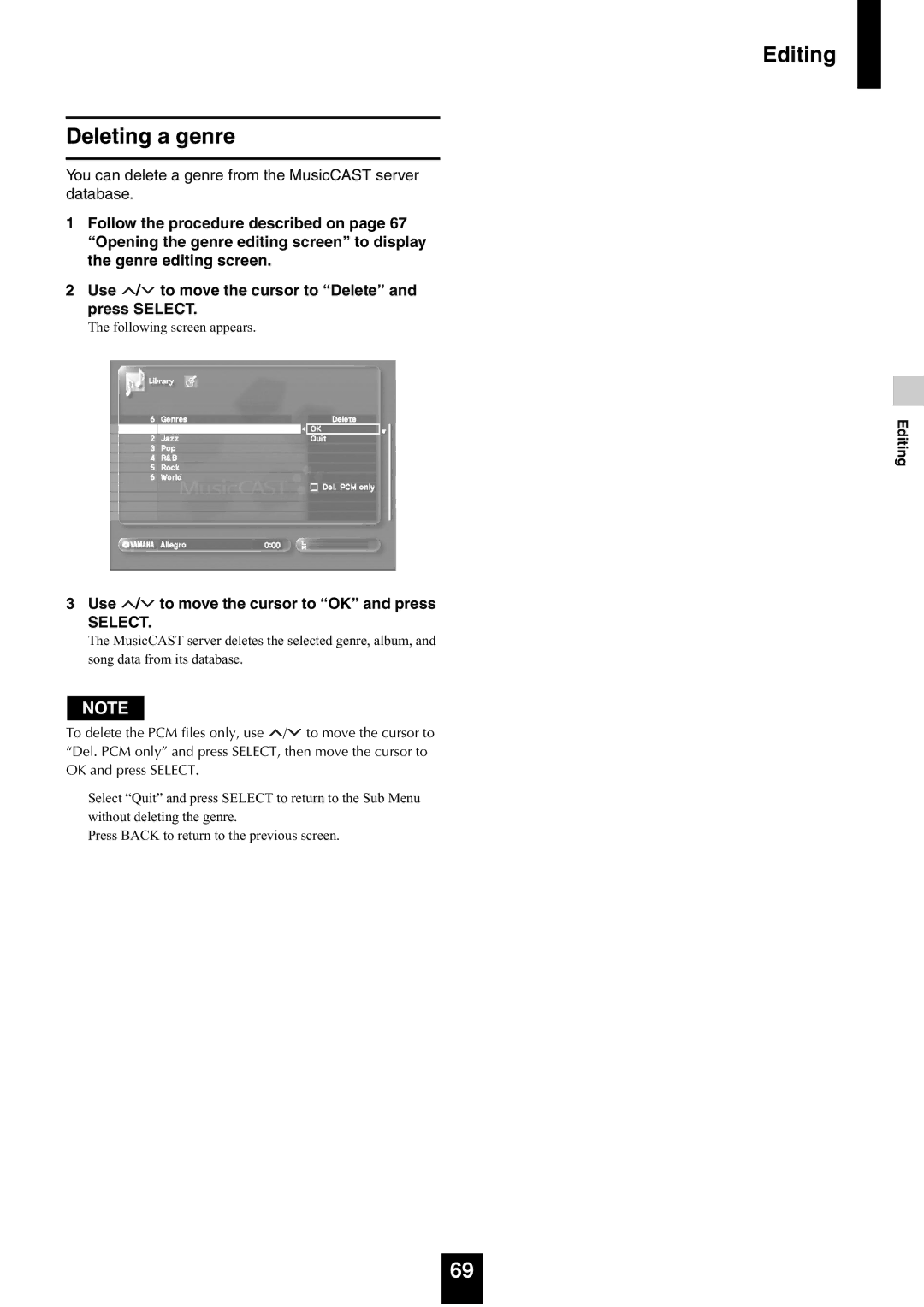 Yamaha mcx-1000 manual Editing Deleting a genre, Use / to move the cursor to OK and press 