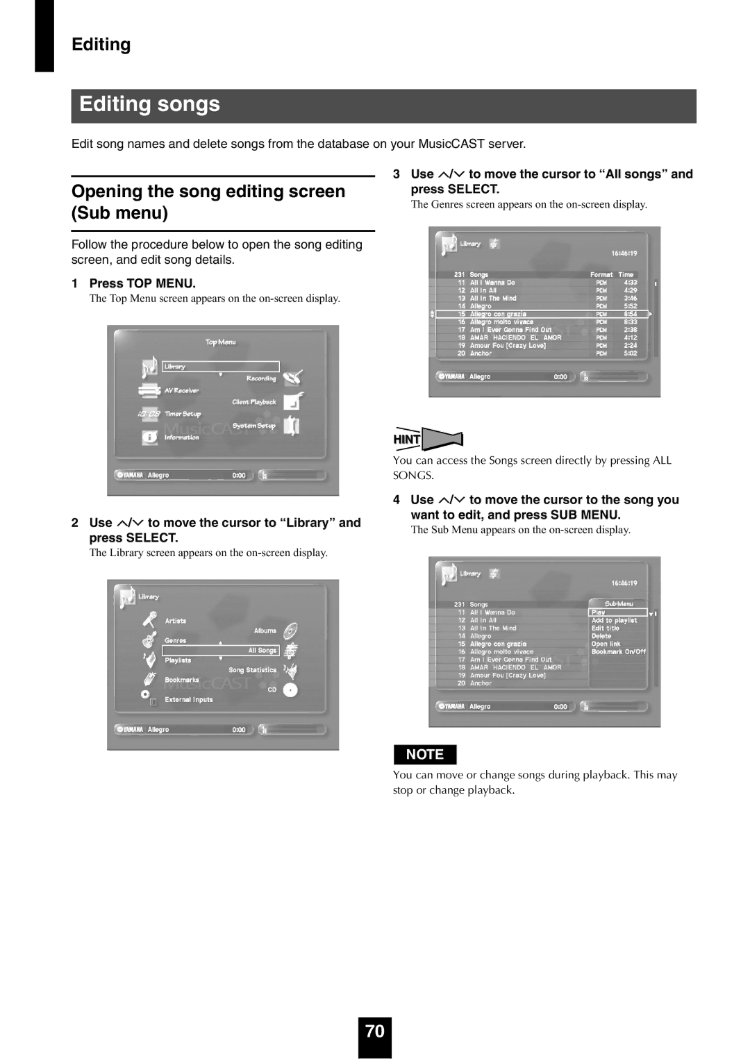 Yamaha mcx-1000 manual Editing songs, Opening the song editing screen Sub menu 