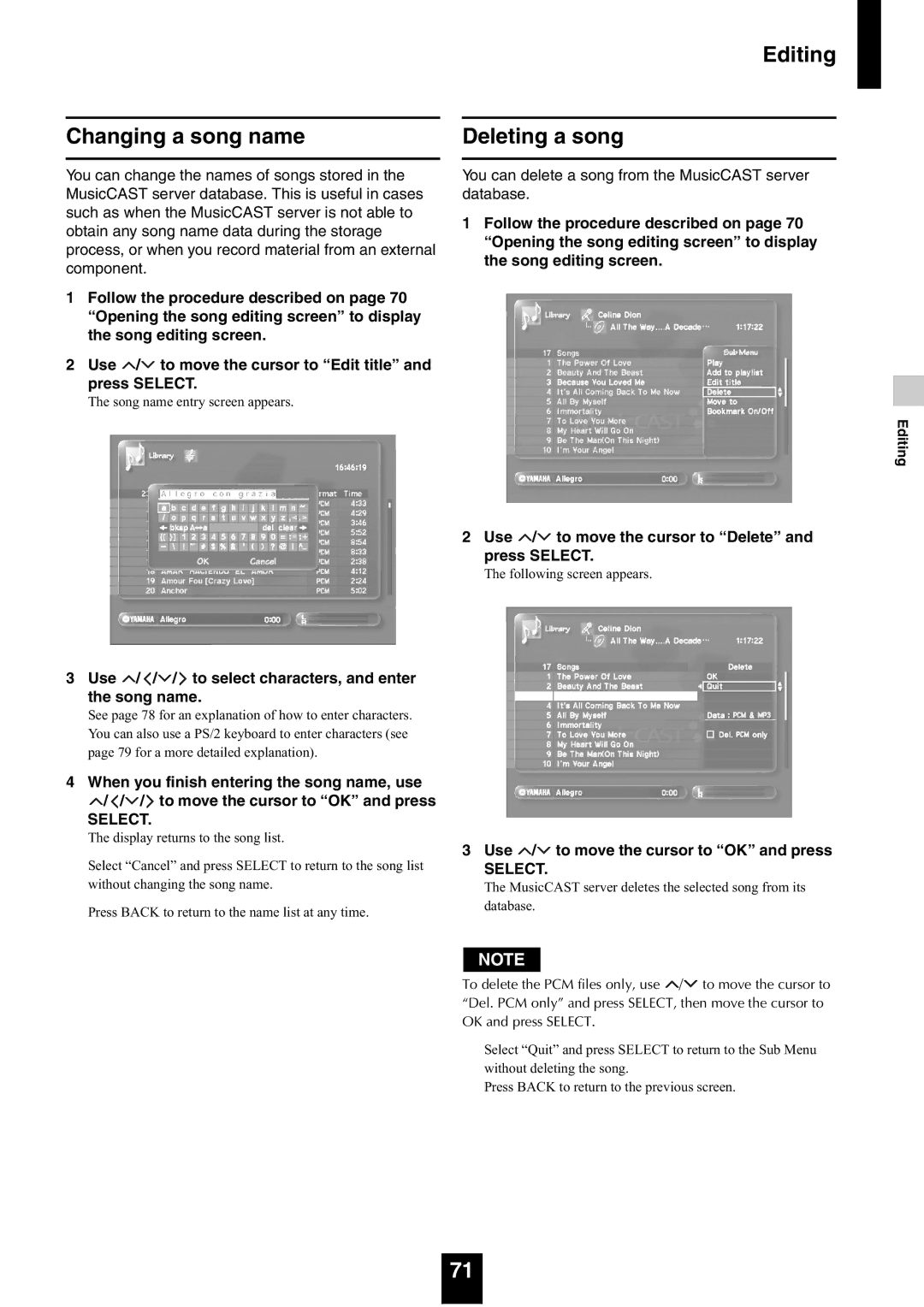 Yamaha mcx-1000 manual Editing Changing a song name, Use / / / to select characters, and enter the song name 