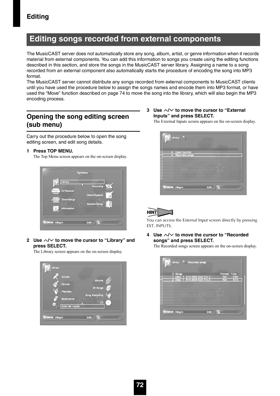 Yamaha mcx-1000 manual Editing songs recorded from external components 