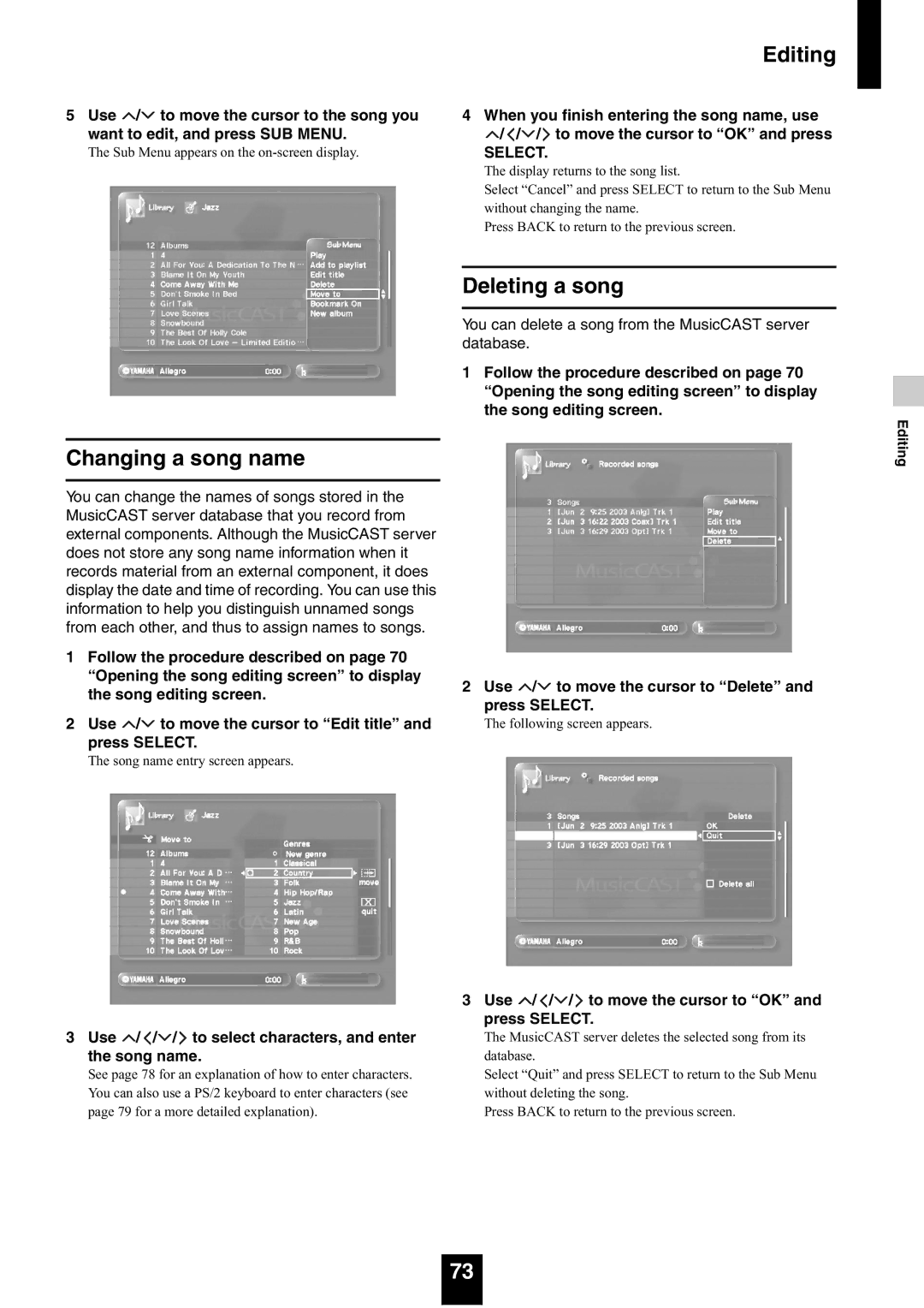 Yamaha mcx-1000 manual Deleting a song, Use / / / to move the cursor to OK and press Select 