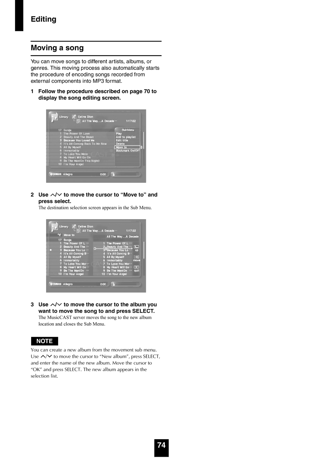 Yamaha mcx-1000 manual Editing Moving a song 