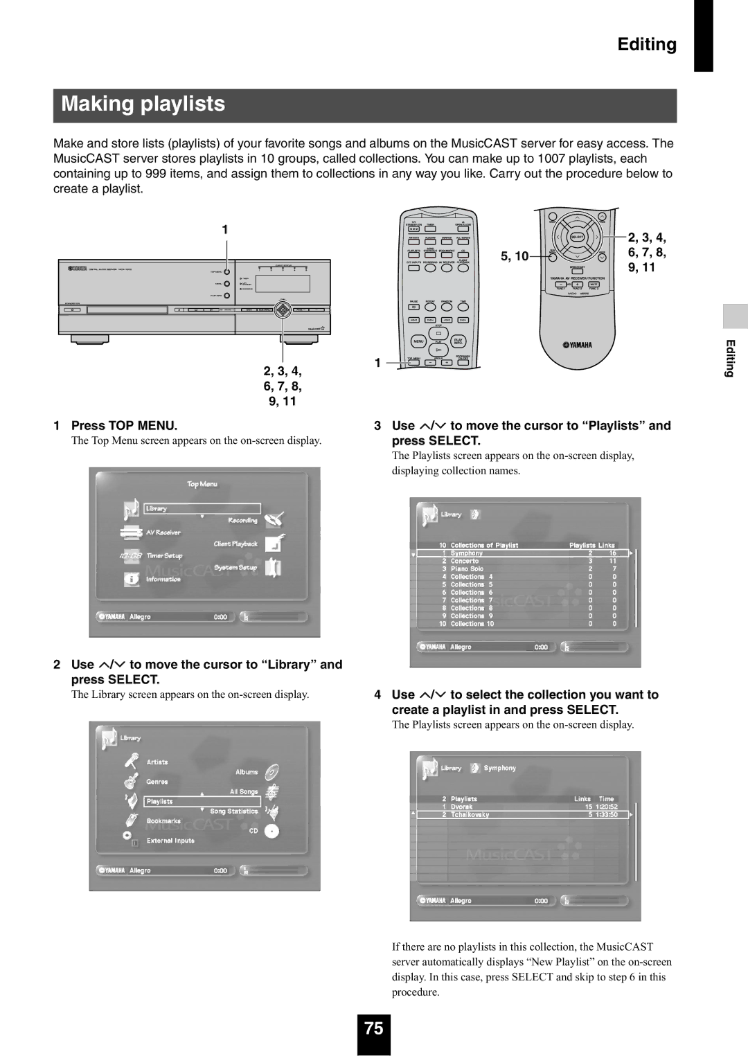 Yamaha mcx-1000 manual Making playlists, Press TOP Menu Use / to move the cursor to Playlists 