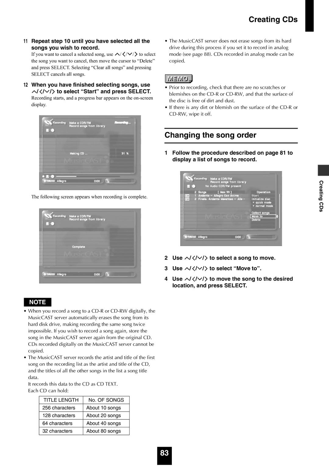 Yamaha mcx-1000 manual Changing the song order 