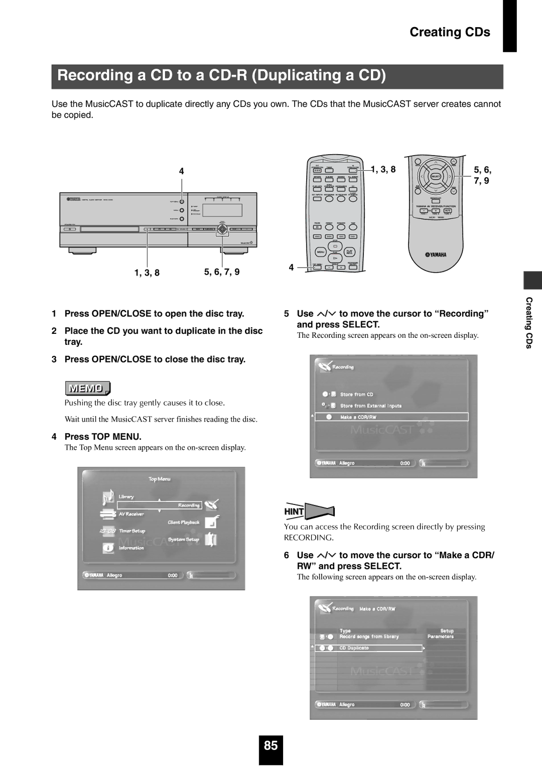 Yamaha mcx-1000 manual Recording a CD to a CD-R Duplicating a CD, Press TOP Menu 