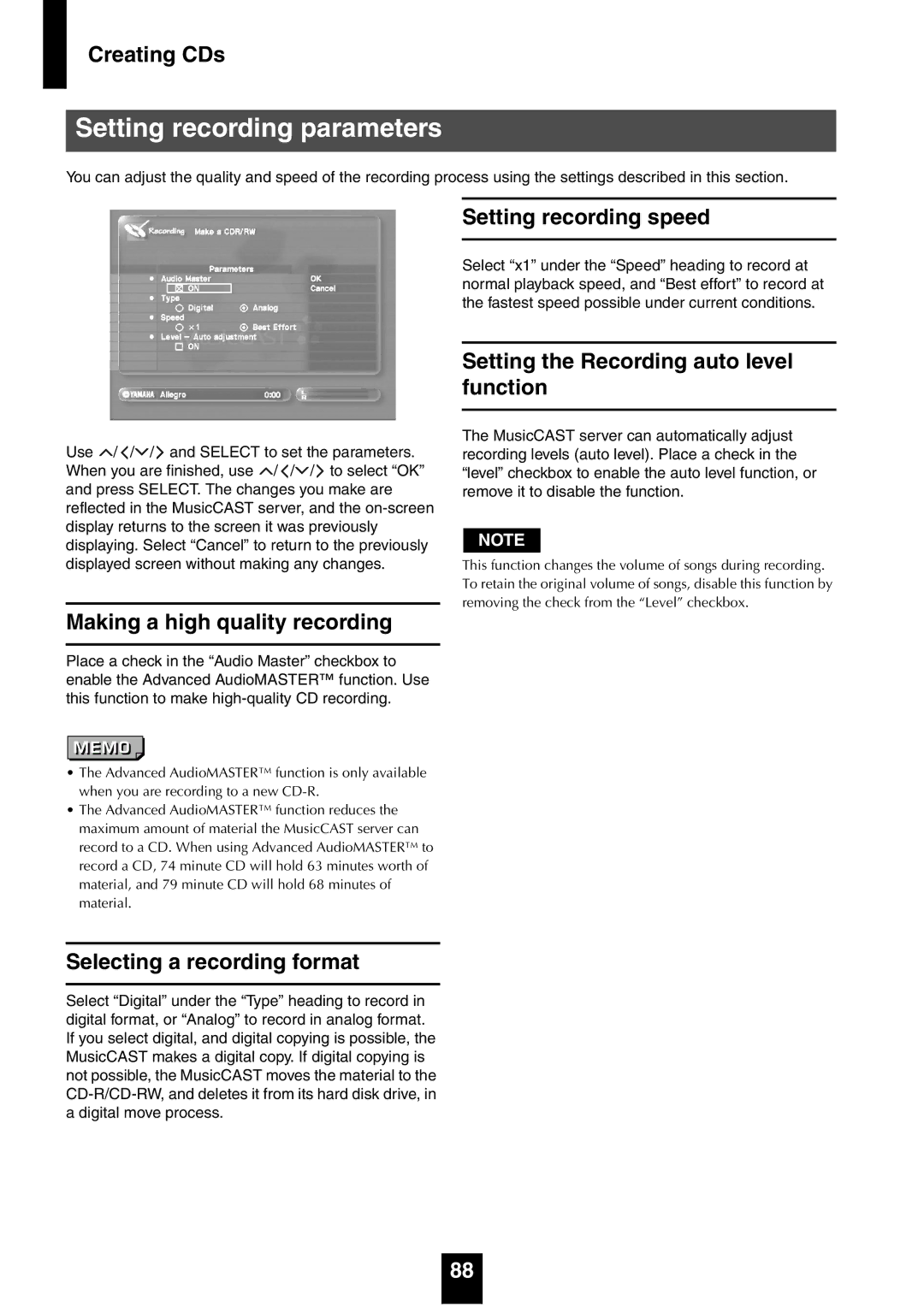 Yamaha mcx-1000 manual Setting recording parameters, Setting recording speed, Setting the Recording auto level function 