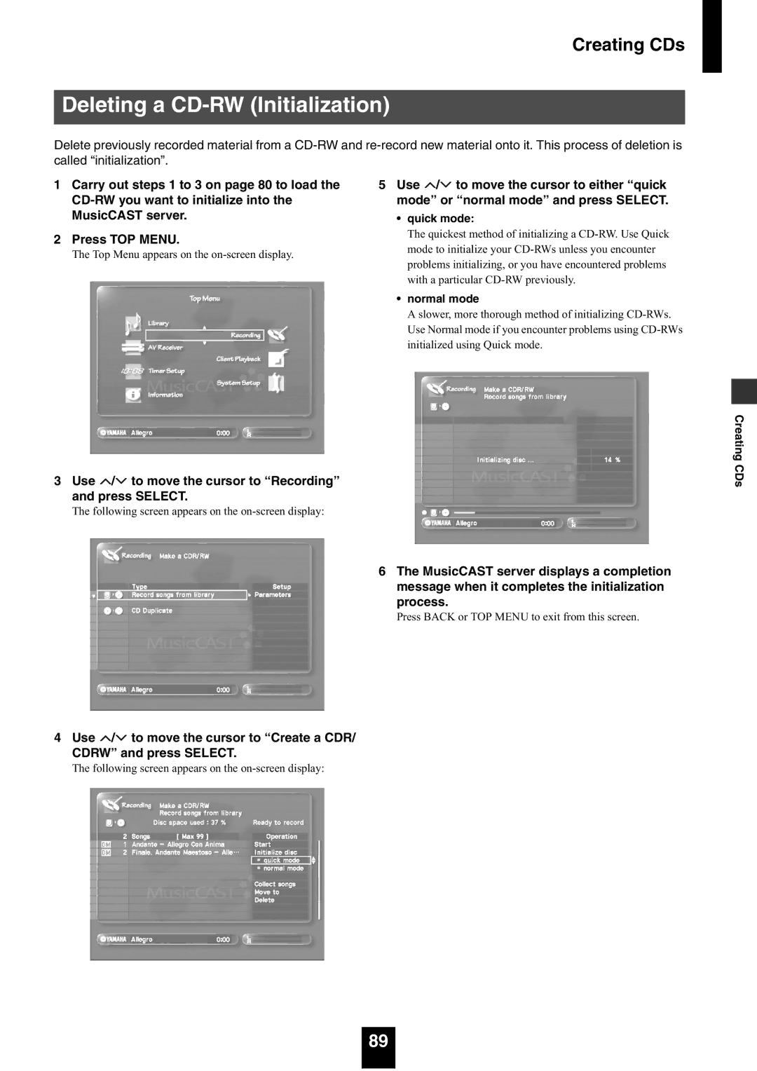 Yamaha mcx-1000 manual Deleting a CD-RW Initialization, Quick mode, Normal mode 