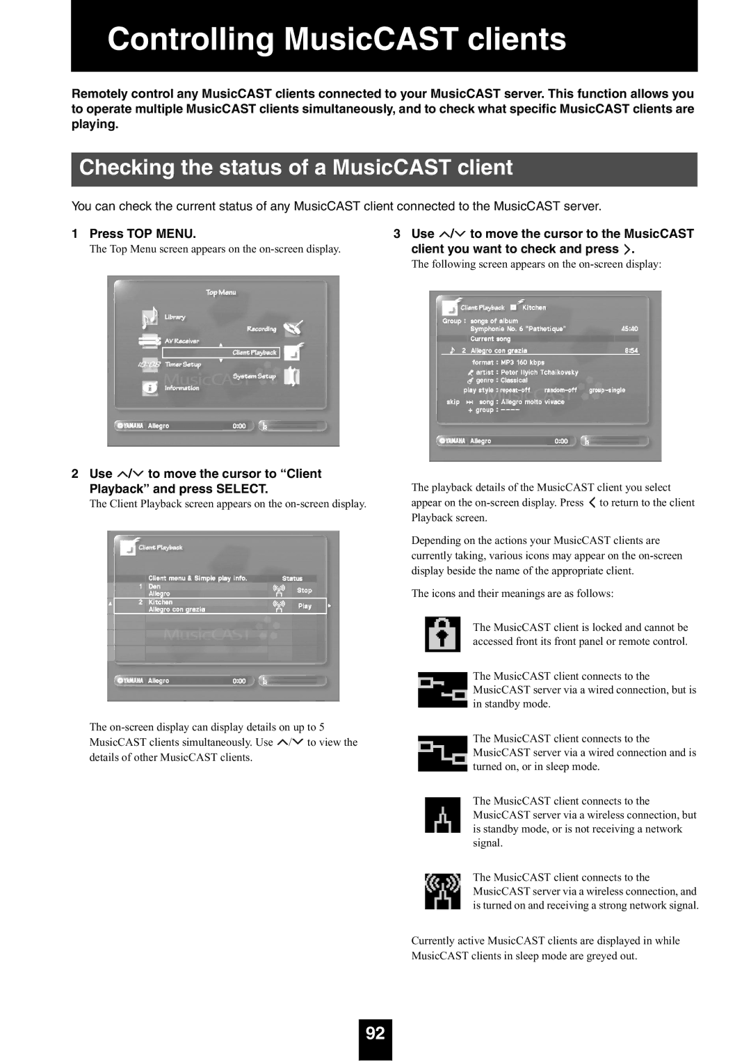 Yamaha mcx-1000 manual Checking the status of a MusicCAST client, Press TOP Menu Use / to move the cursor to the MusicCAST 