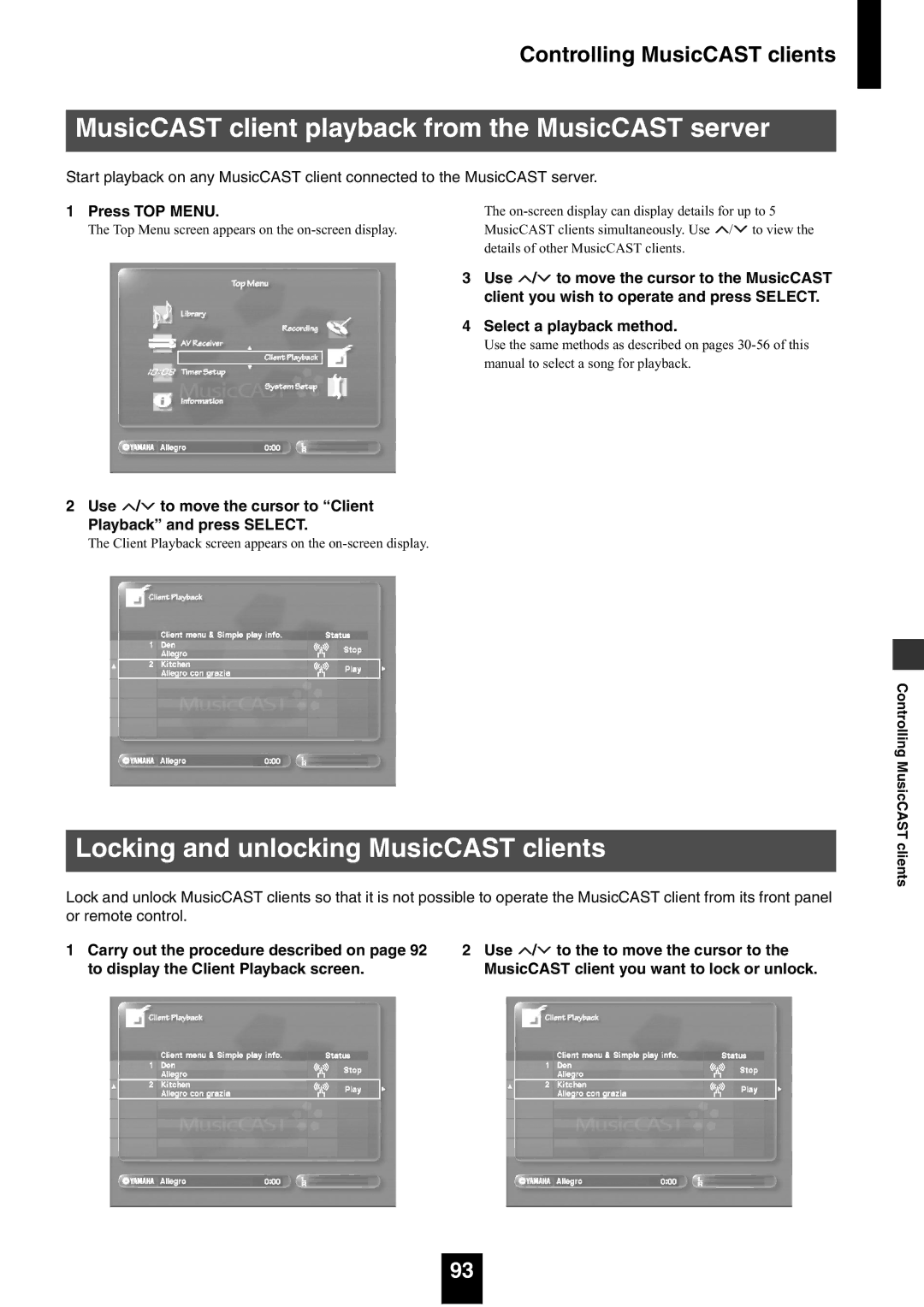 Yamaha mcx-1000 manual MusicCAST client playback from the MusicCAST server, Locking and unlocking MusicCAST clients 