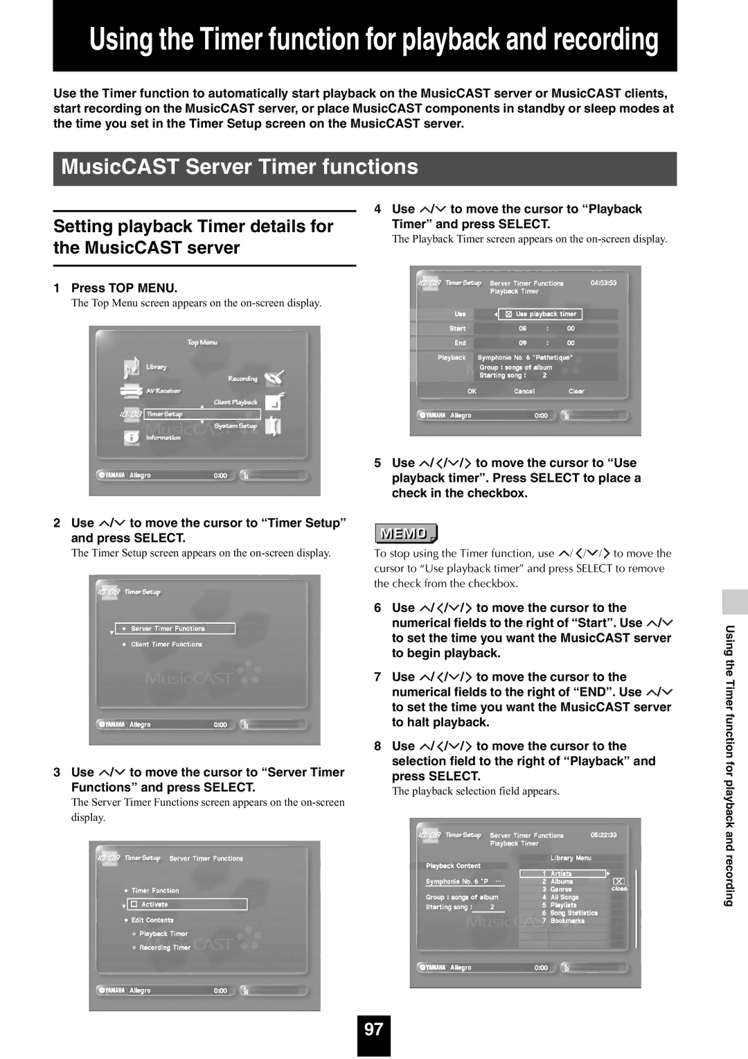 Yamaha mcx-1000 manual MusicCAST Server Timer functions, Setting playback Timer details for the MusicCAST server 