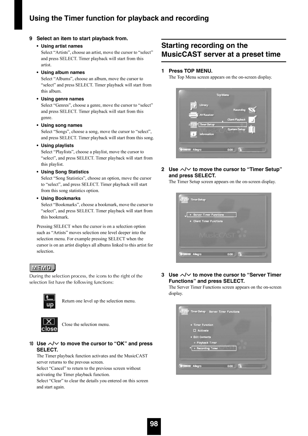 Yamaha mcx-1000 manual Using the Timer function for playback and recording, Select an item to start playback from 