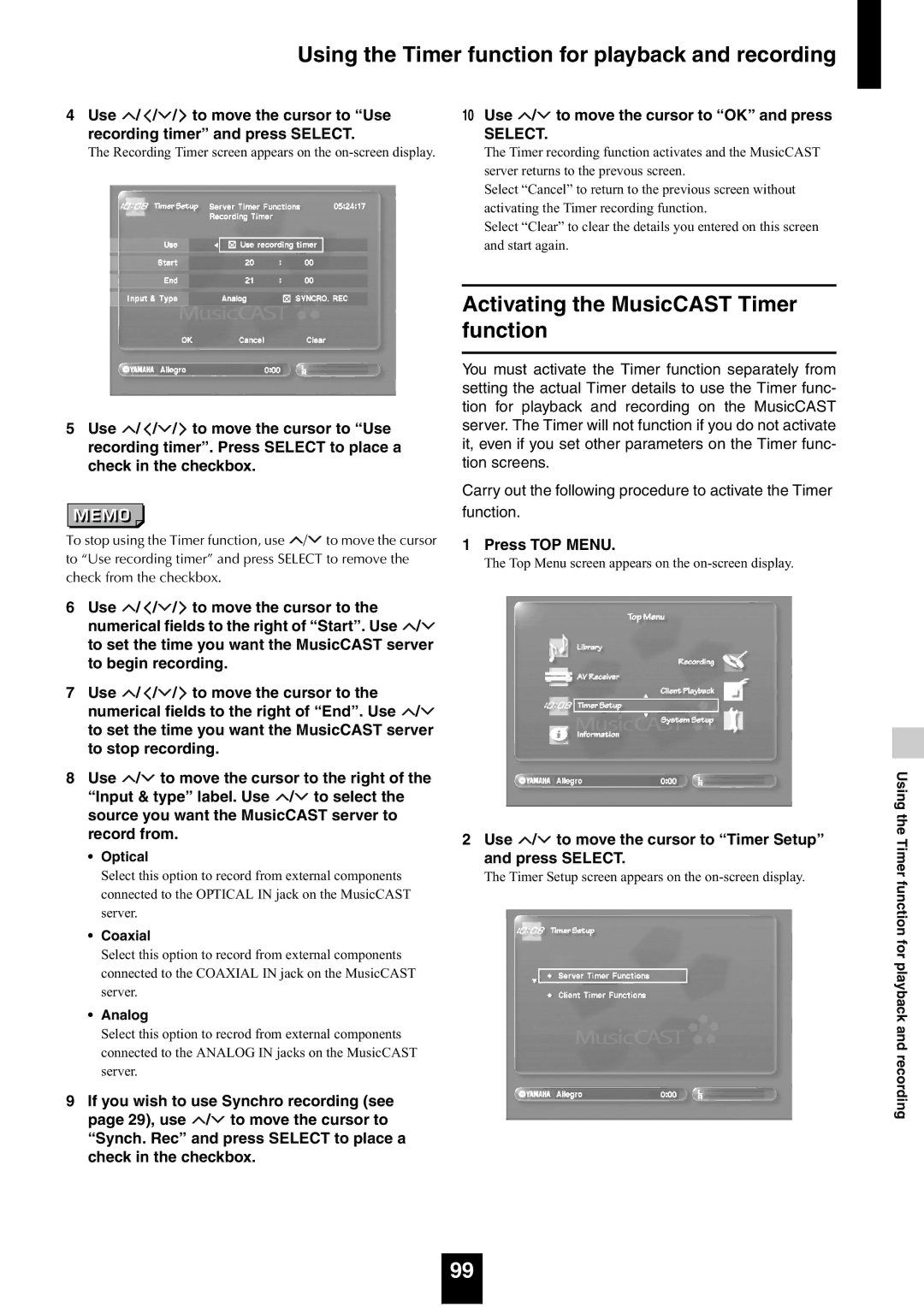 Yamaha mcx-1000 manual Activating the MusicCAST Timer function, Function for playback and recording 