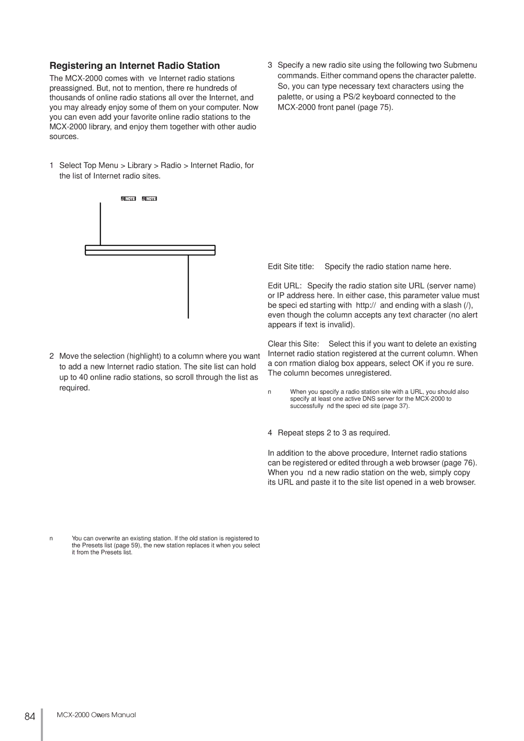 Yamaha MCX-2000 setup guide Registering an Internet Radio Station, Repeat steps 2 to 3 as required 