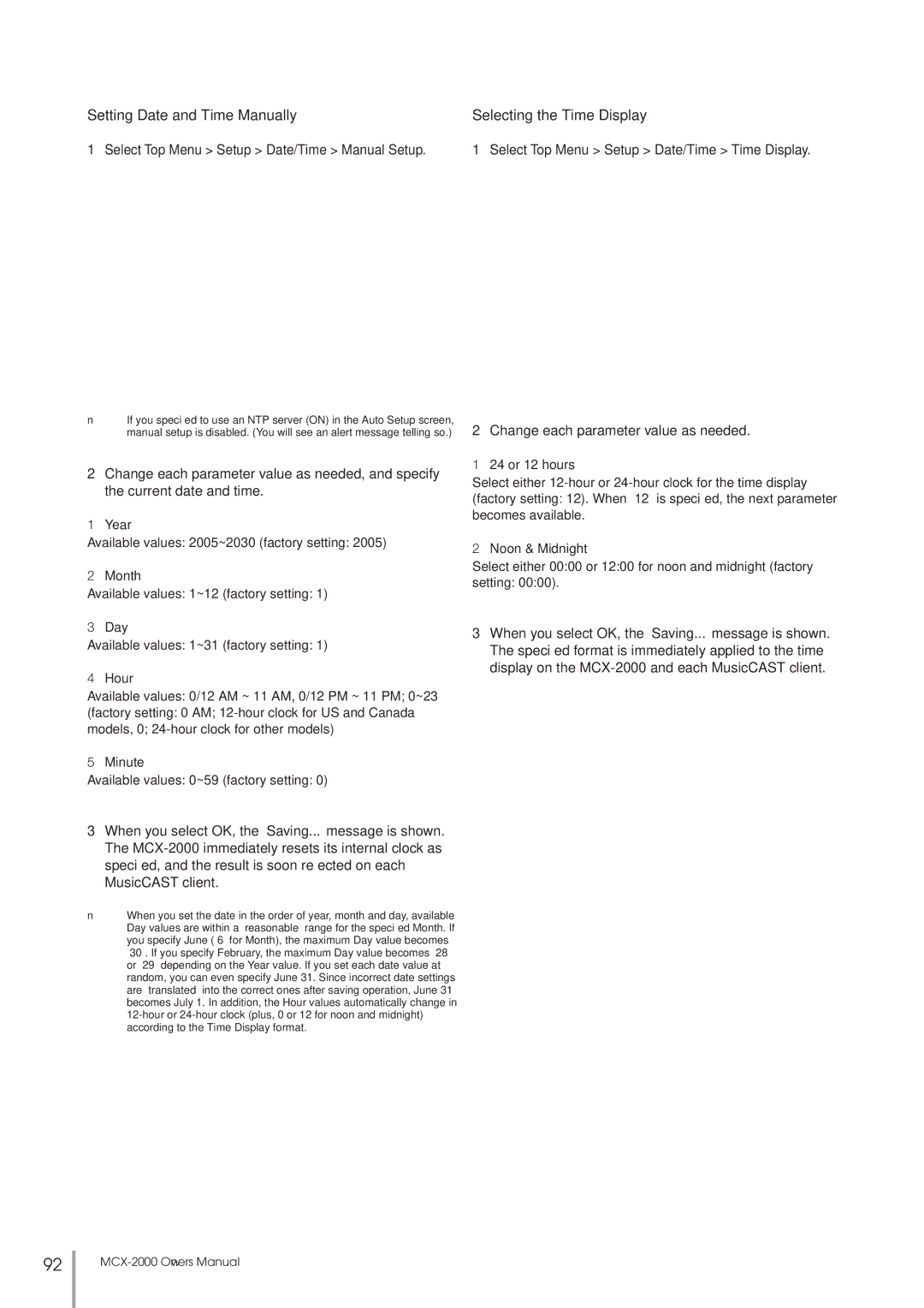 Yamaha MCX-2000 setup guide Setting Date and Time Manually, Selecting the Time Display 