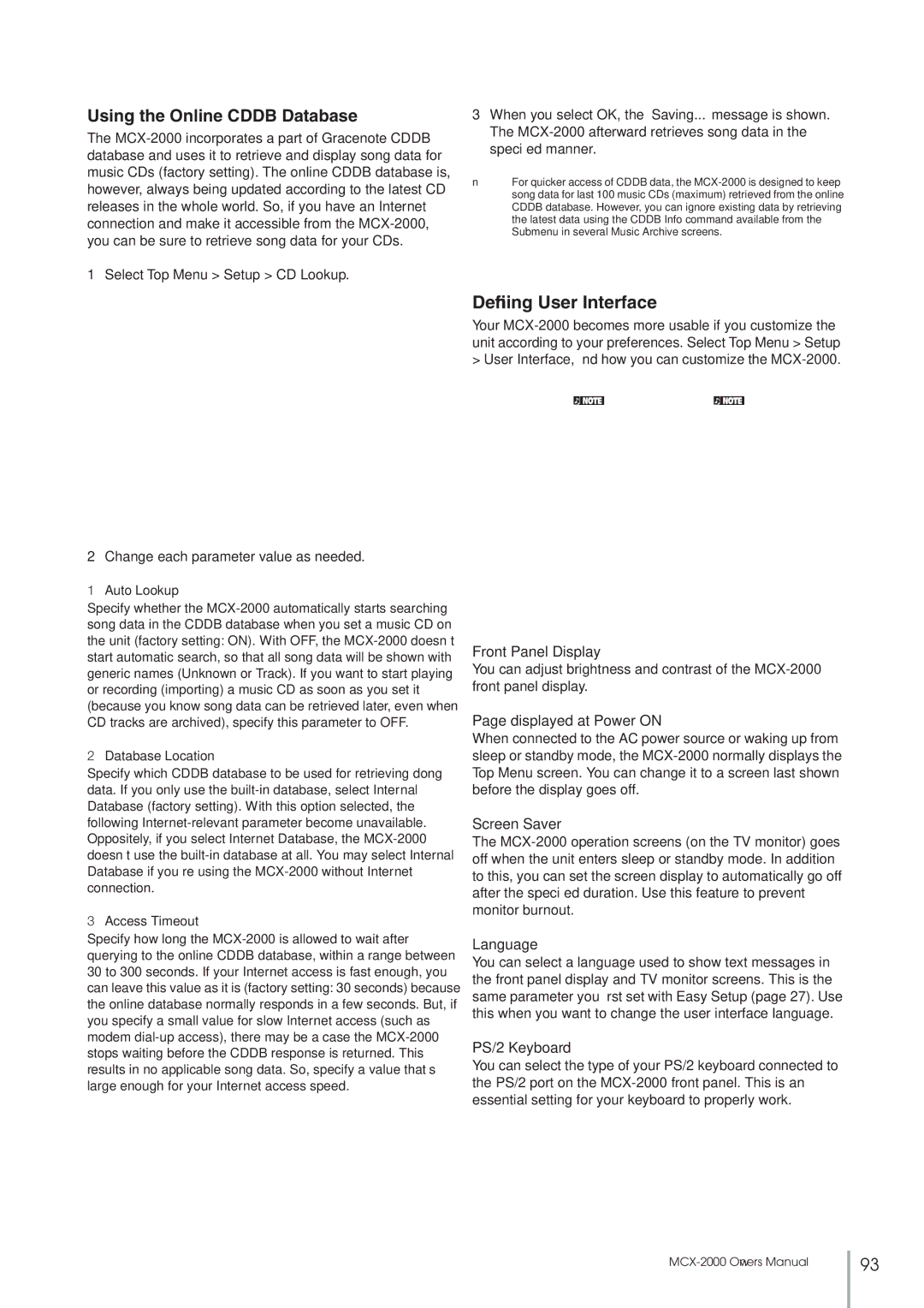 Yamaha MCX-2000 setup guide Using the Online Cddb Database, Deﬁning User Interface 