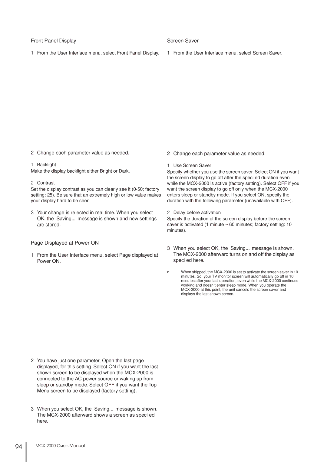 Yamaha MCX-2000 setup guide Backlight, Contrast, Use Screen Saver, Delay before activation 