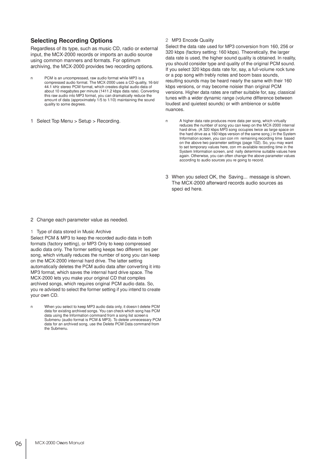 Yamaha MCX-2000 setup guide Selecting Recording Options, Type of data stored in Music Archive, MP3 Encode Quality 