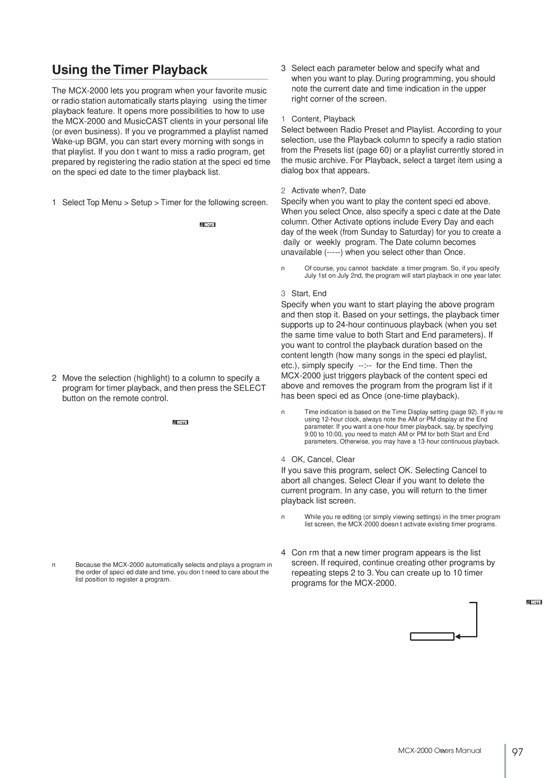 Yamaha MCX-2000 Using the Timer Playback, Content, Playback, Activate when?, Date, Start, End, OK, Cancel, Clear 