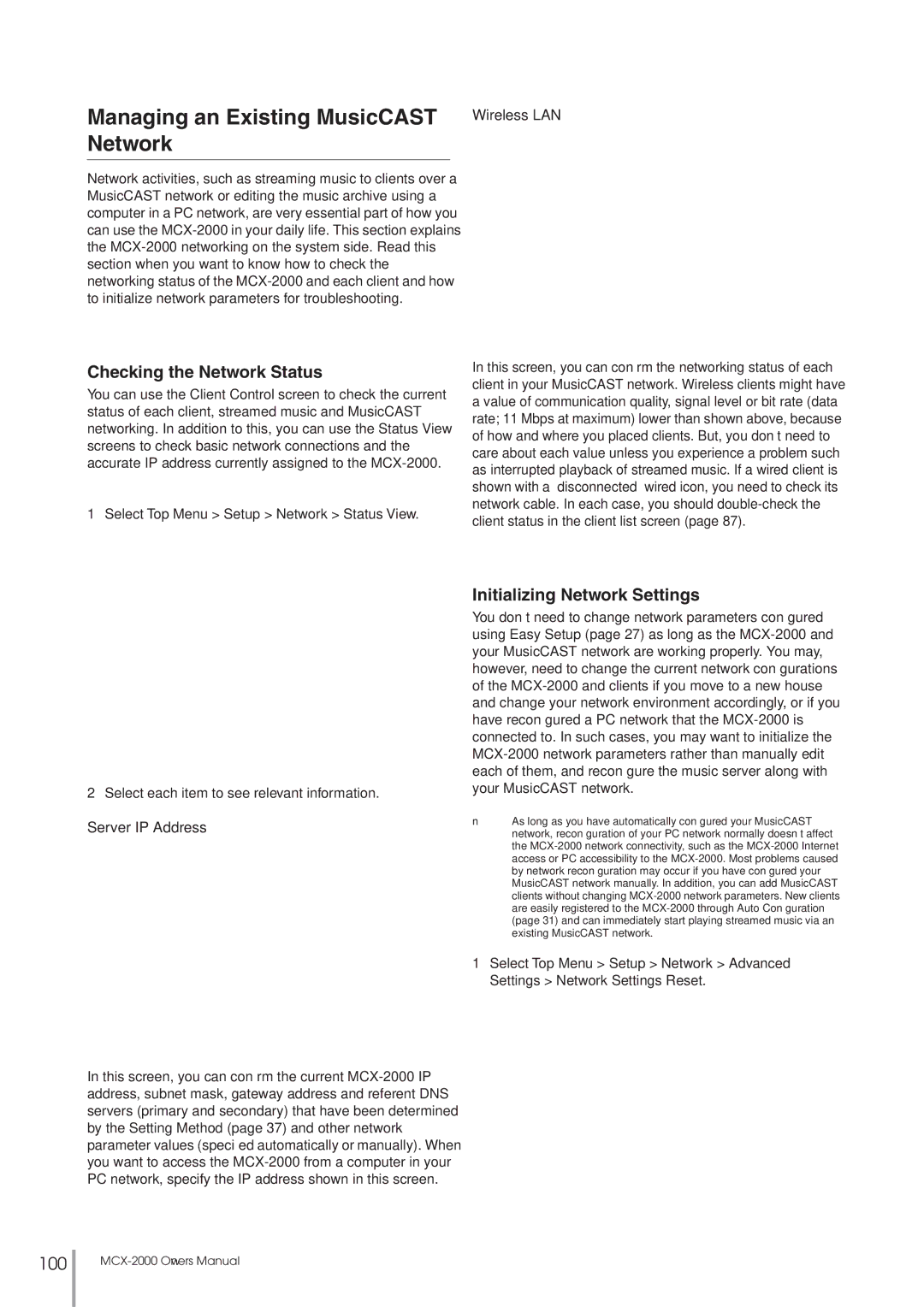 Yamaha MCX-2000 Managing an Existing MusicCAST Network, Checking the Network Status, Initializing Network Settings 
