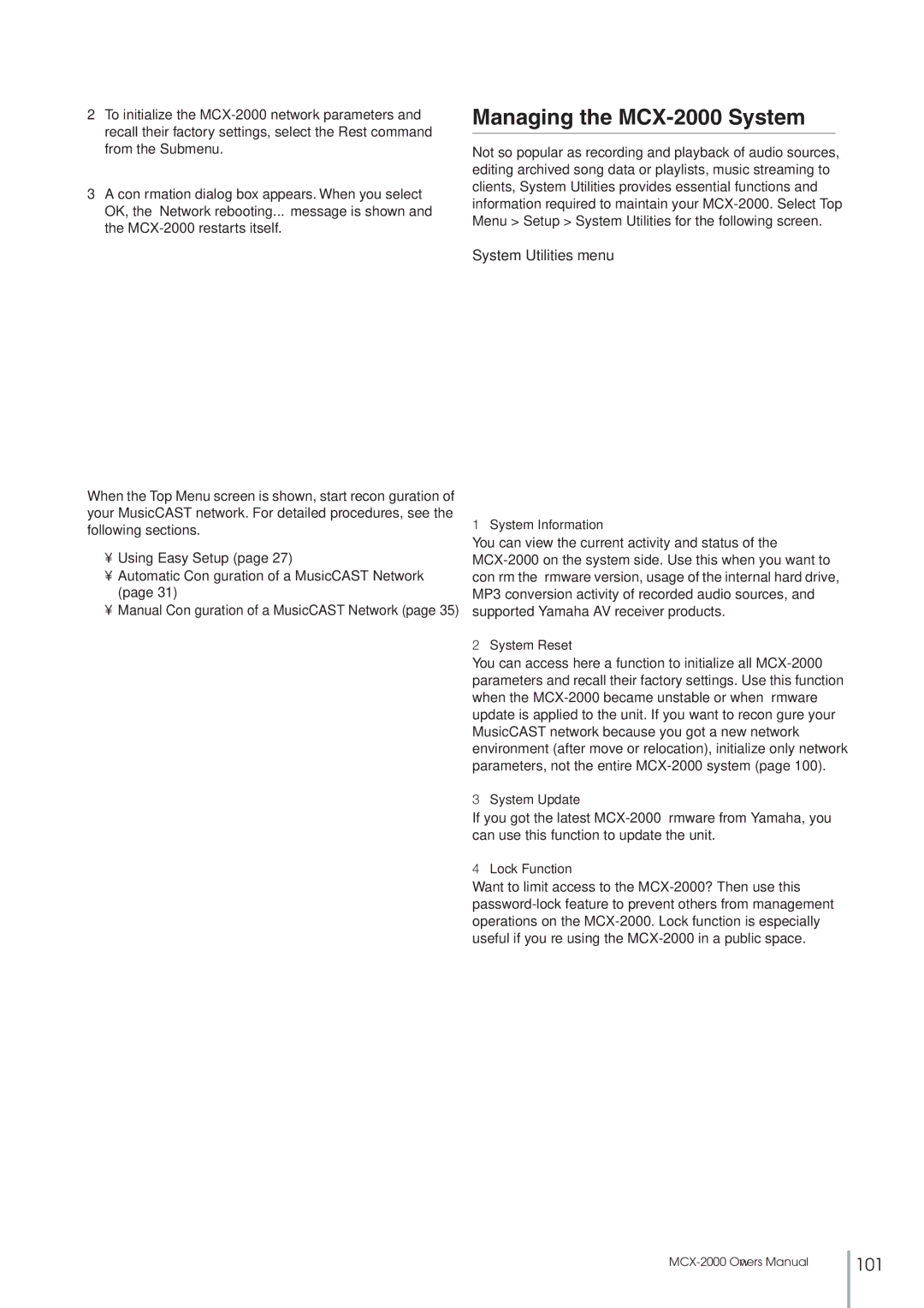 Yamaha setup guide Managing the MCX-2000 System, System Utilities menu 