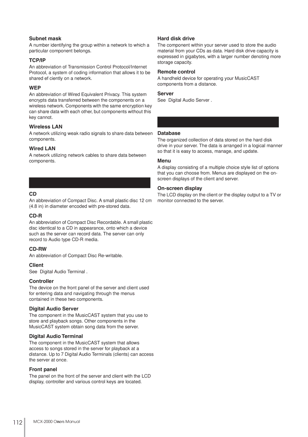 Yamaha MCX-2000 Subnet mask, Wired LAN, Client, Controller, Digital Audio Server, Digital Audio Terminal, Front panel 