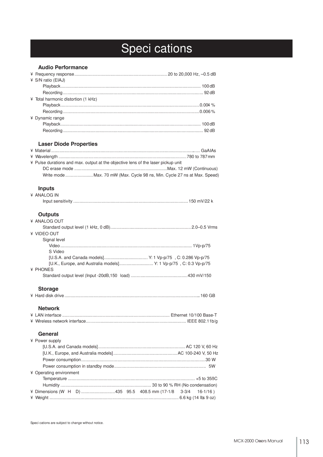 Yamaha MCX-2000 setup guide Audio Performance, Laser Diode Properties, Outputs, Storage, General 