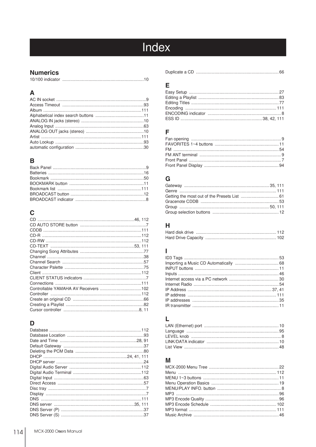 Yamaha MCX-2000 setup guide Index 