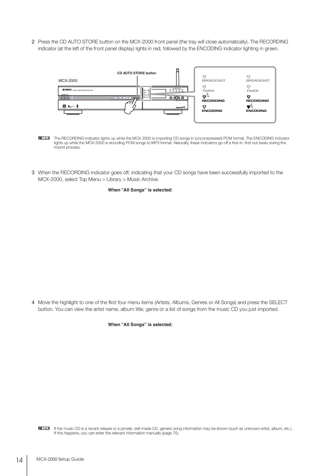 Yamaha MCX-2000 setup guide When All Songs is selected 