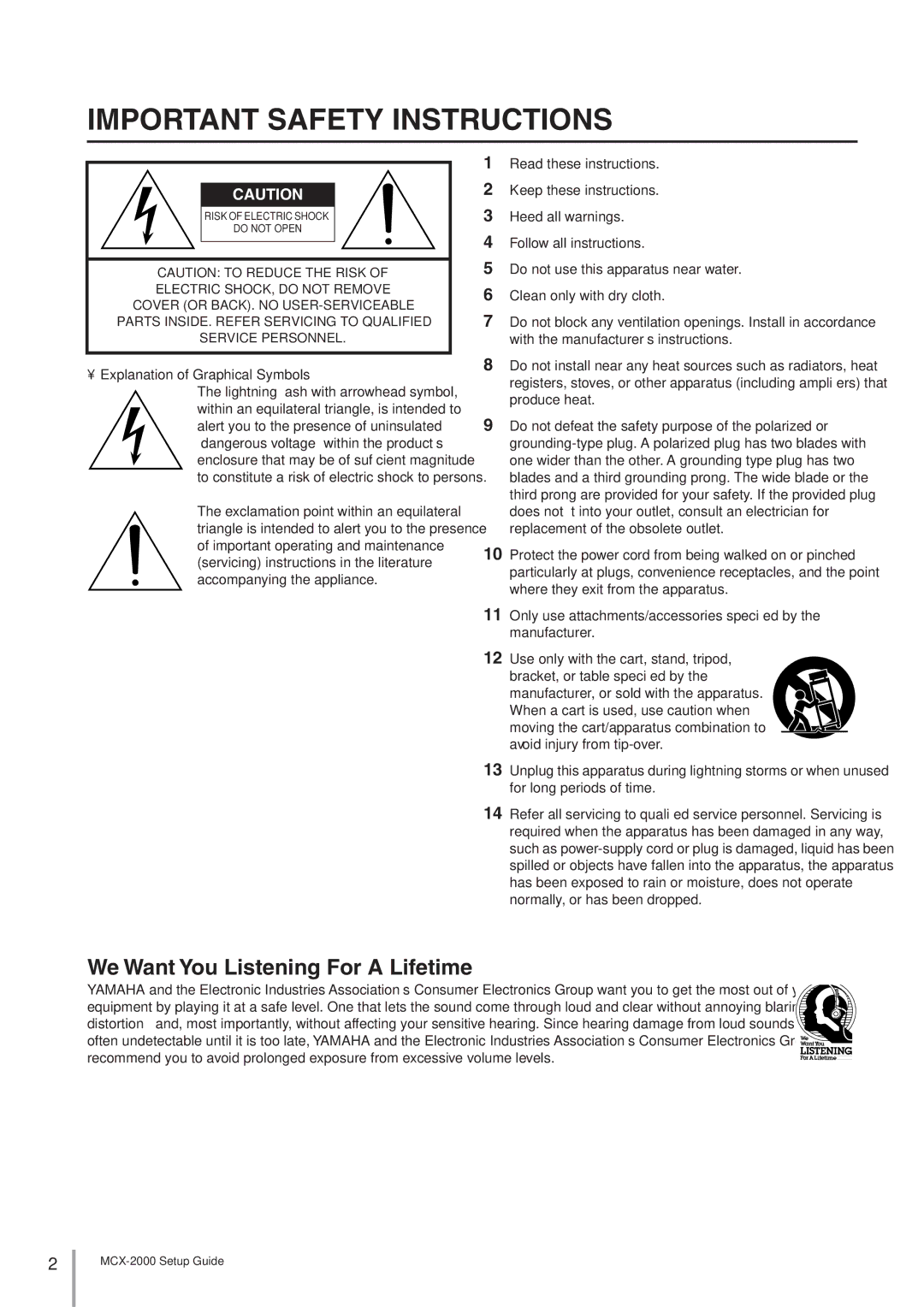 Yamaha MCX-2000 setup guide Important Safety Instructions, We Want You Listening For a Lifetime 