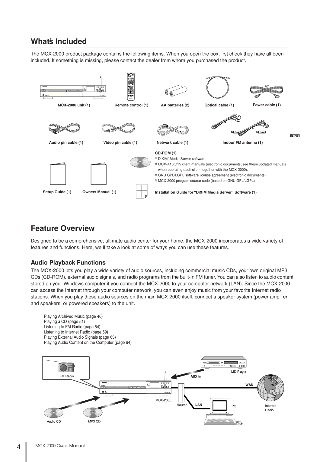 Yamaha MCX-2000 setup guide What’s Included, Feature Overview, Audio Playback Functions 