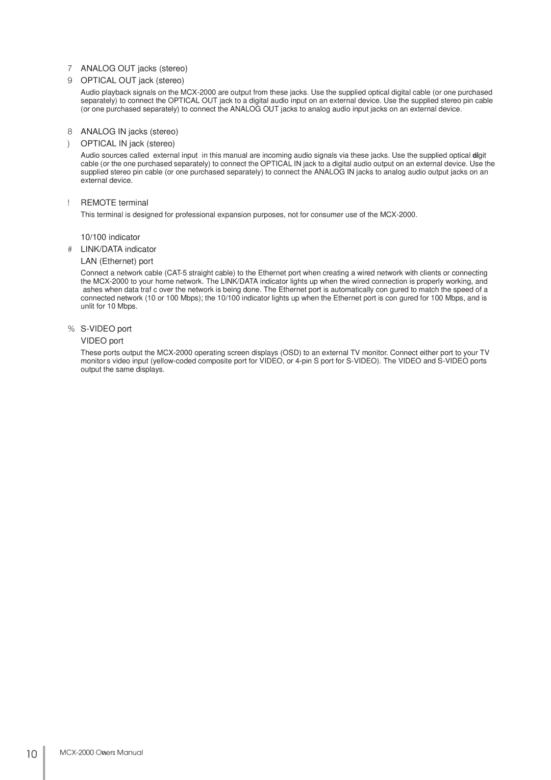 Yamaha MCX-2000 setup guide @ 10/100 indicator # LINK/DATA indicator $ LAN Ethernet port 