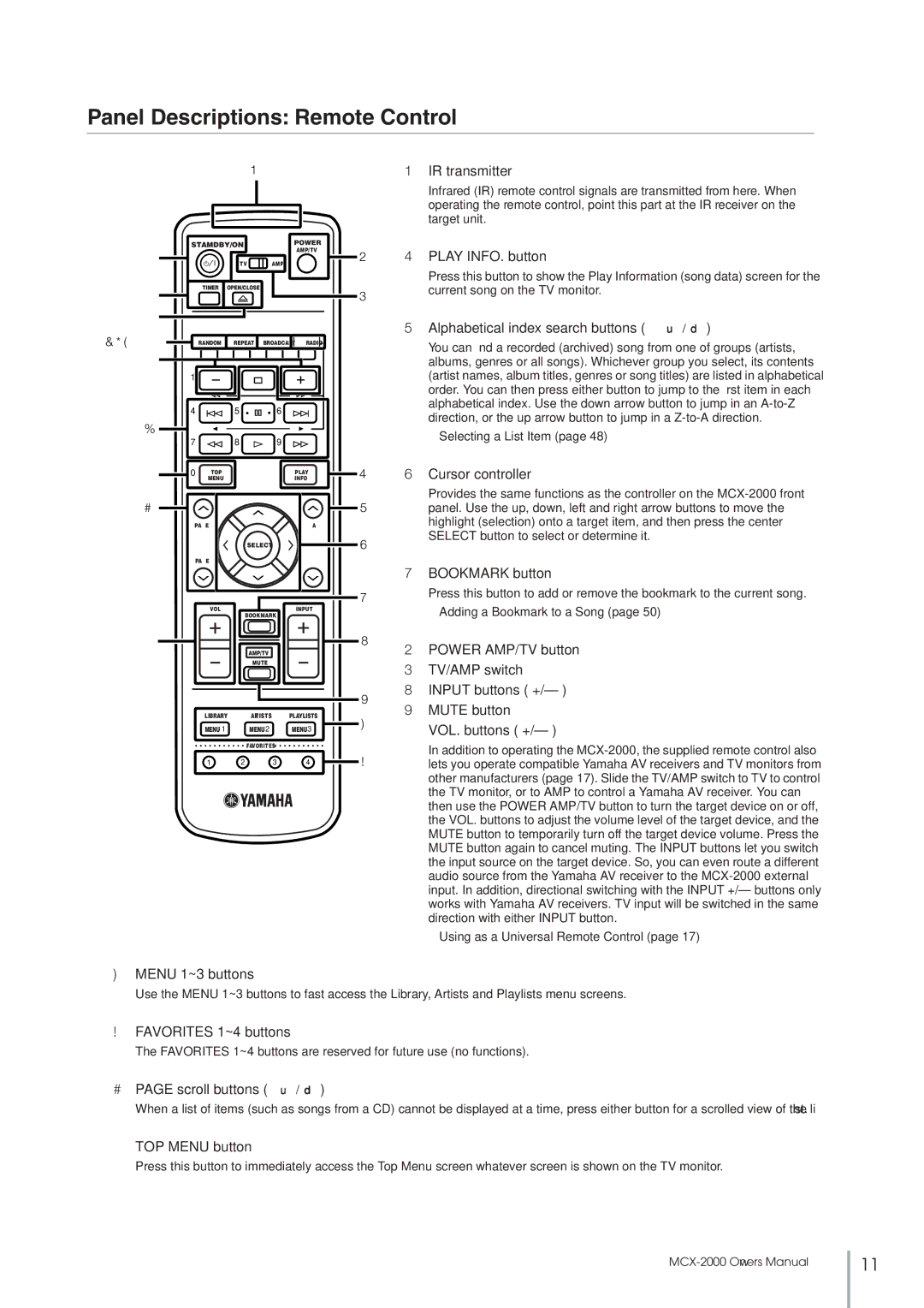 Yamaha MCX-2000 setup guide Panel Descriptions Remote Control, IR transmitter 