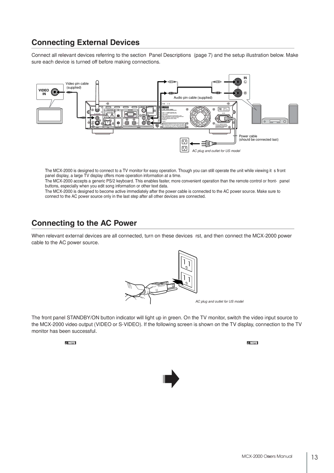 Yamaha MCX-2000 setup guide Connecting External Devices, Connecting to the AC Power 