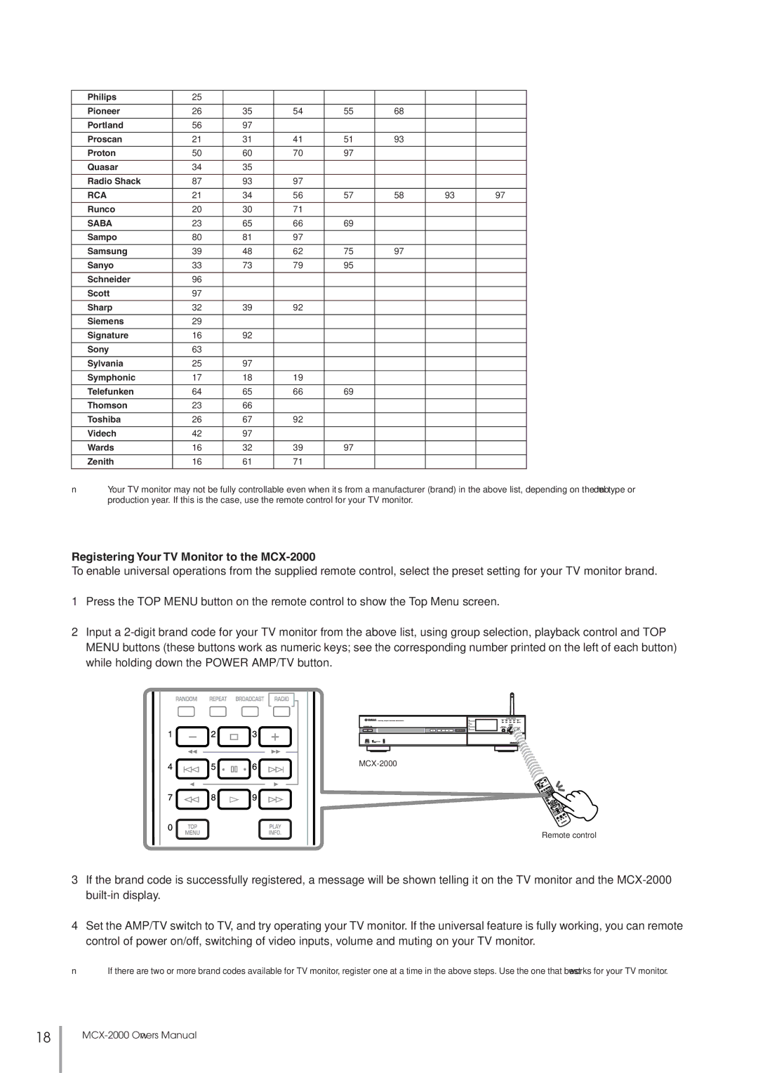 Yamaha setup guide Registering Your TV Monitor to the MCX-2000, Saba 