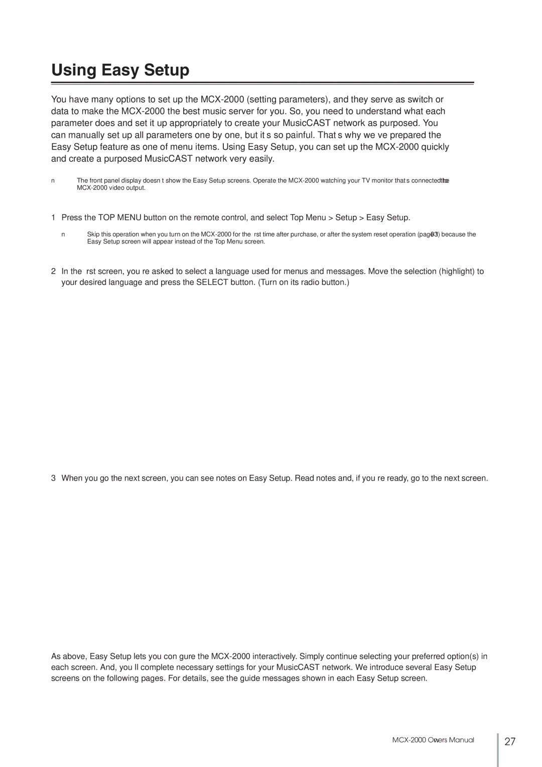 Yamaha MCX-2000 setup guide Using Easy Setup 
