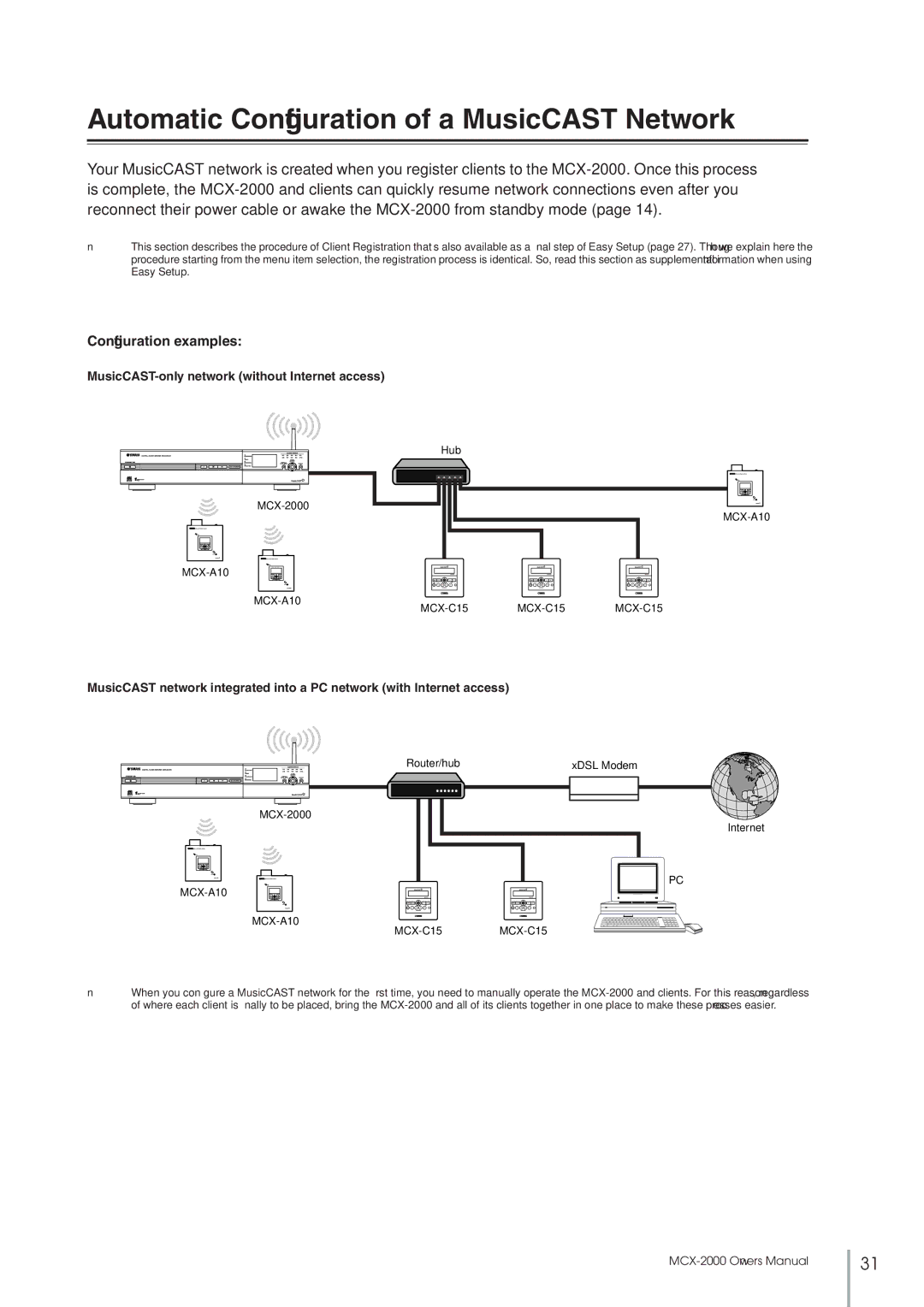 Yamaha MCX-2000 setup guide Automatic Conﬁguration of a MusicCAST Network, Conﬁguration examples 