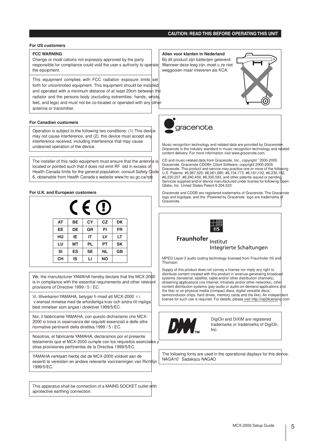 Yamaha MCX-2000 setup guide FCC Warning 