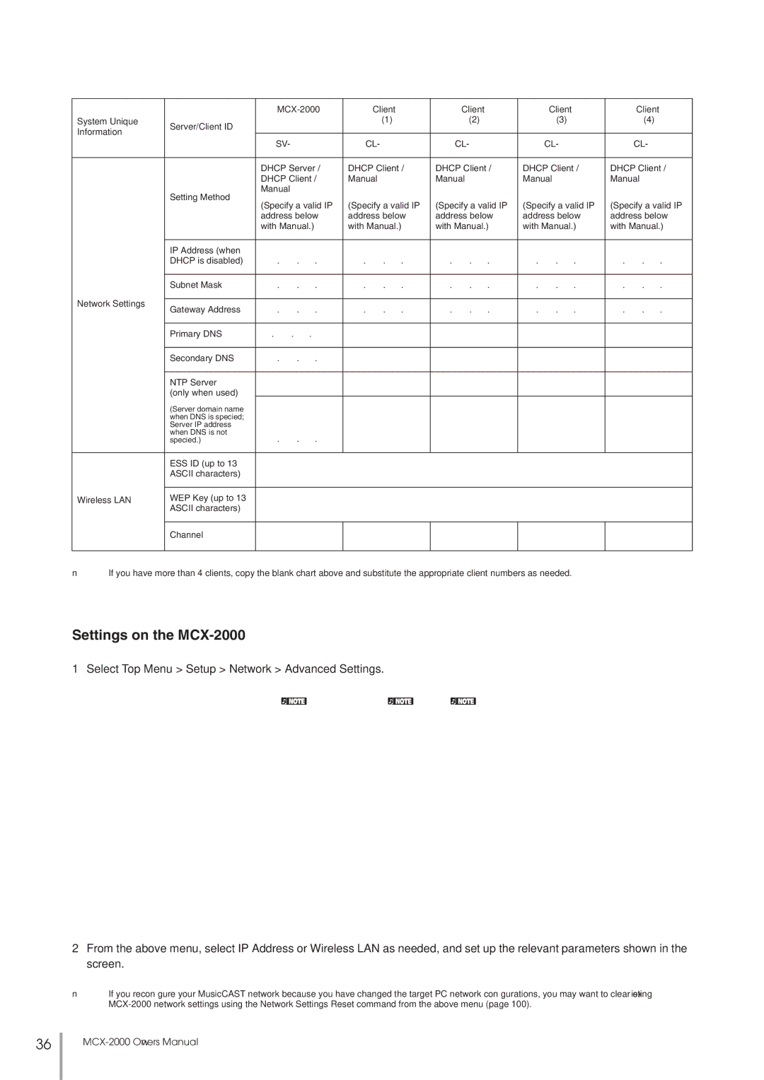 Yamaha setup guide Settings on the MCX-2000, MCX-2000 Client System Unique Server/Client ID Information 