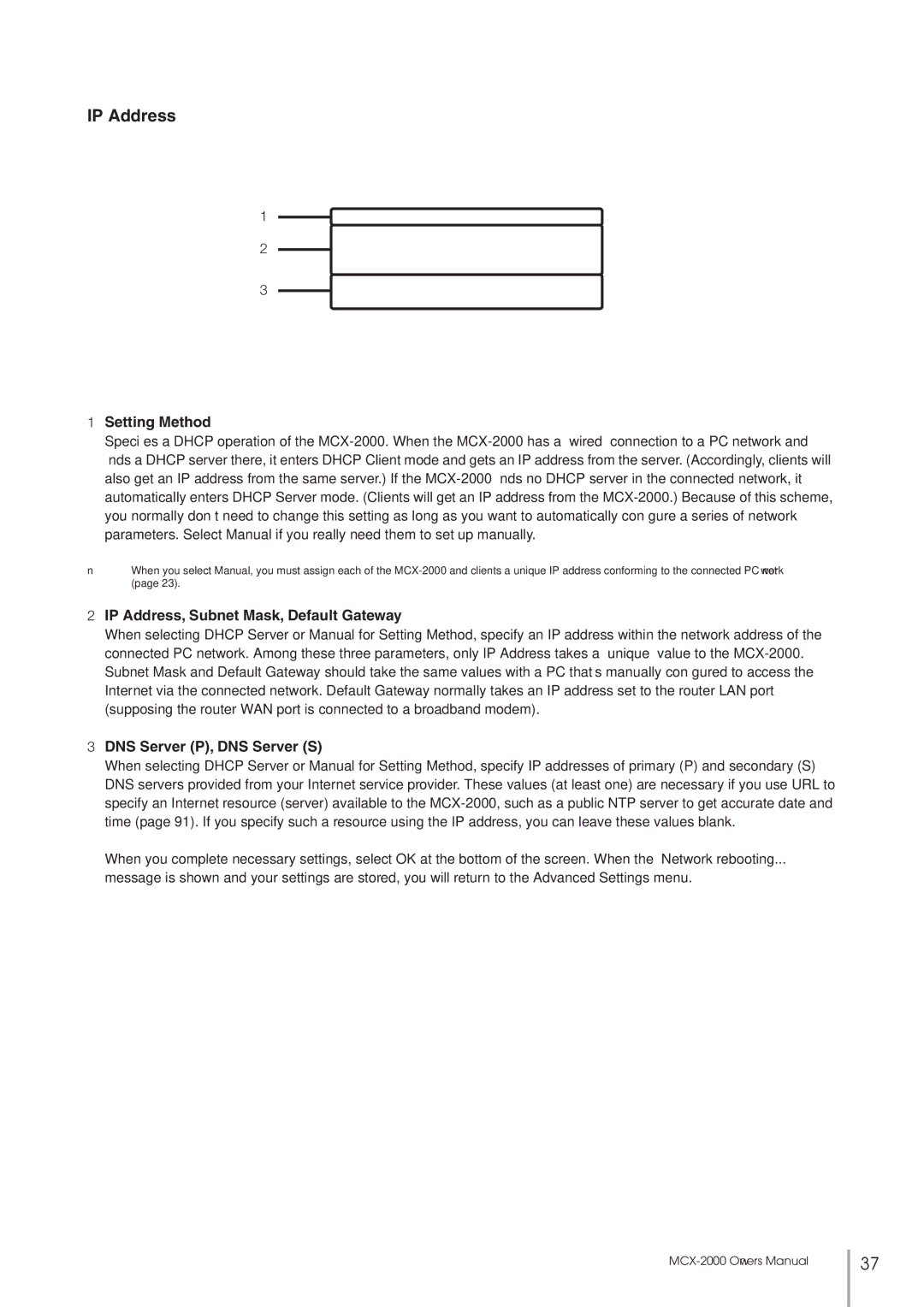 Yamaha MCX-2000 setup guide Setting Method, IP Address, Subnet Mask, Default Gateway, DNS Server P, DNS Server S 