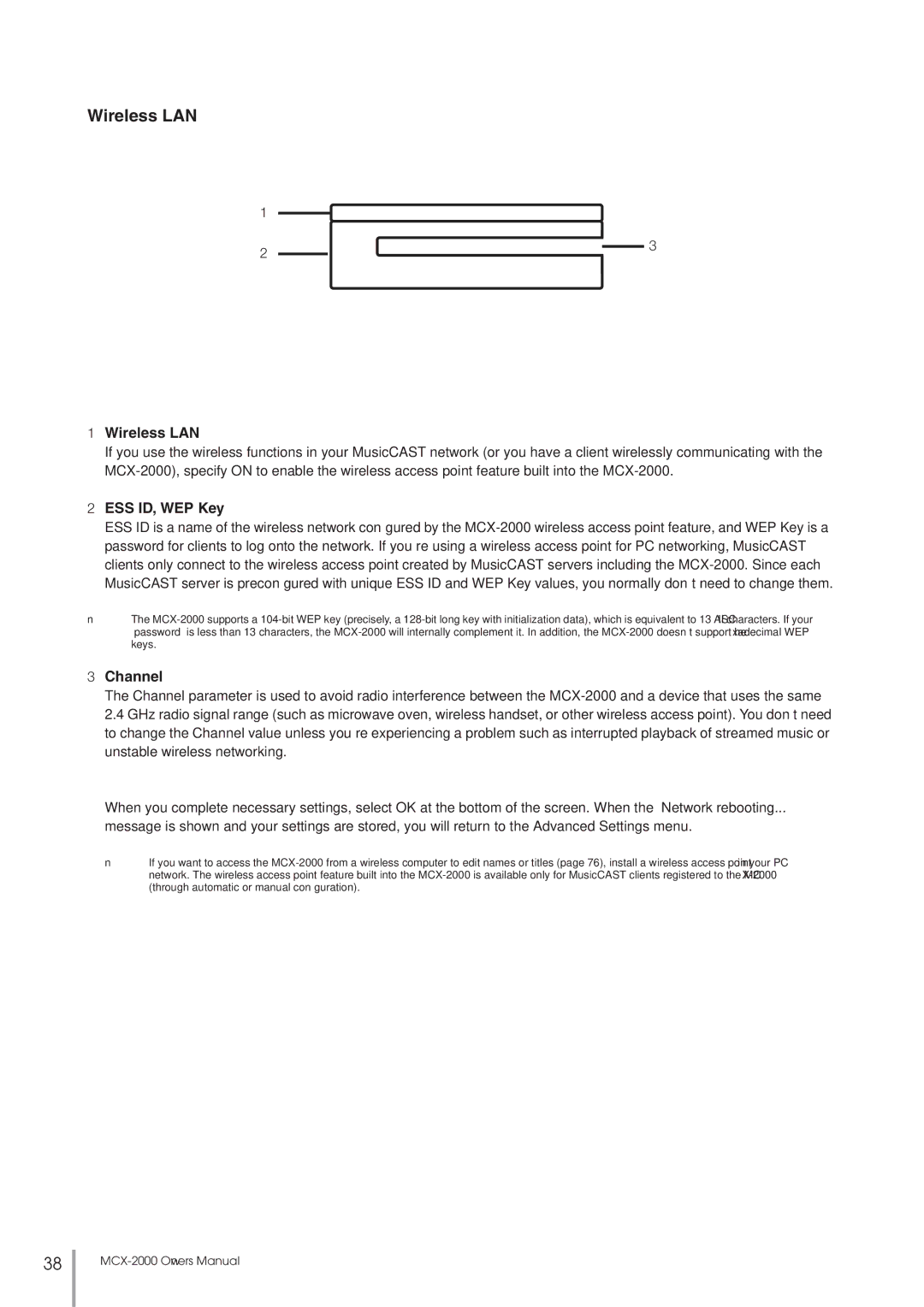 Yamaha MCX-2000 setup guide Wireless LAN, ESS ID, WEP Key, Channel 