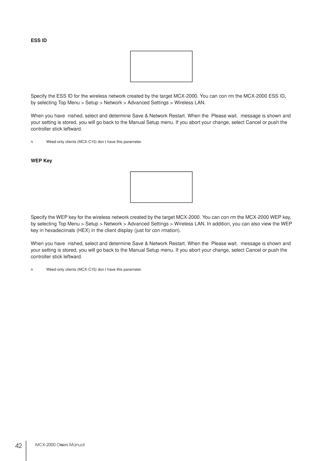 Yamaha MCX-2000 setup guide Ess Id, WEP Key 