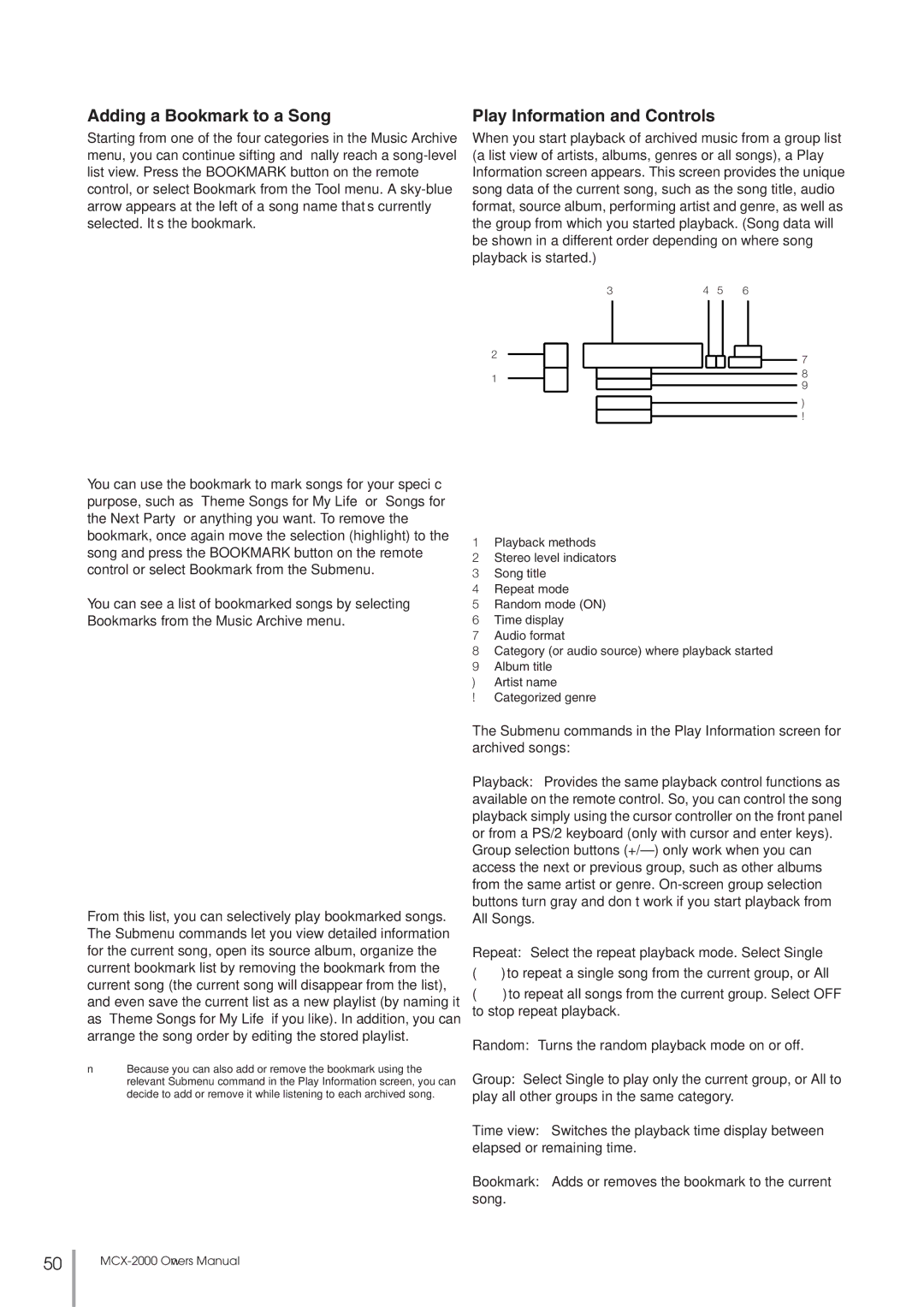 Yamaha MCX-2000 setup guide Adding a Bookmark to a Song, Play Information and Controls 