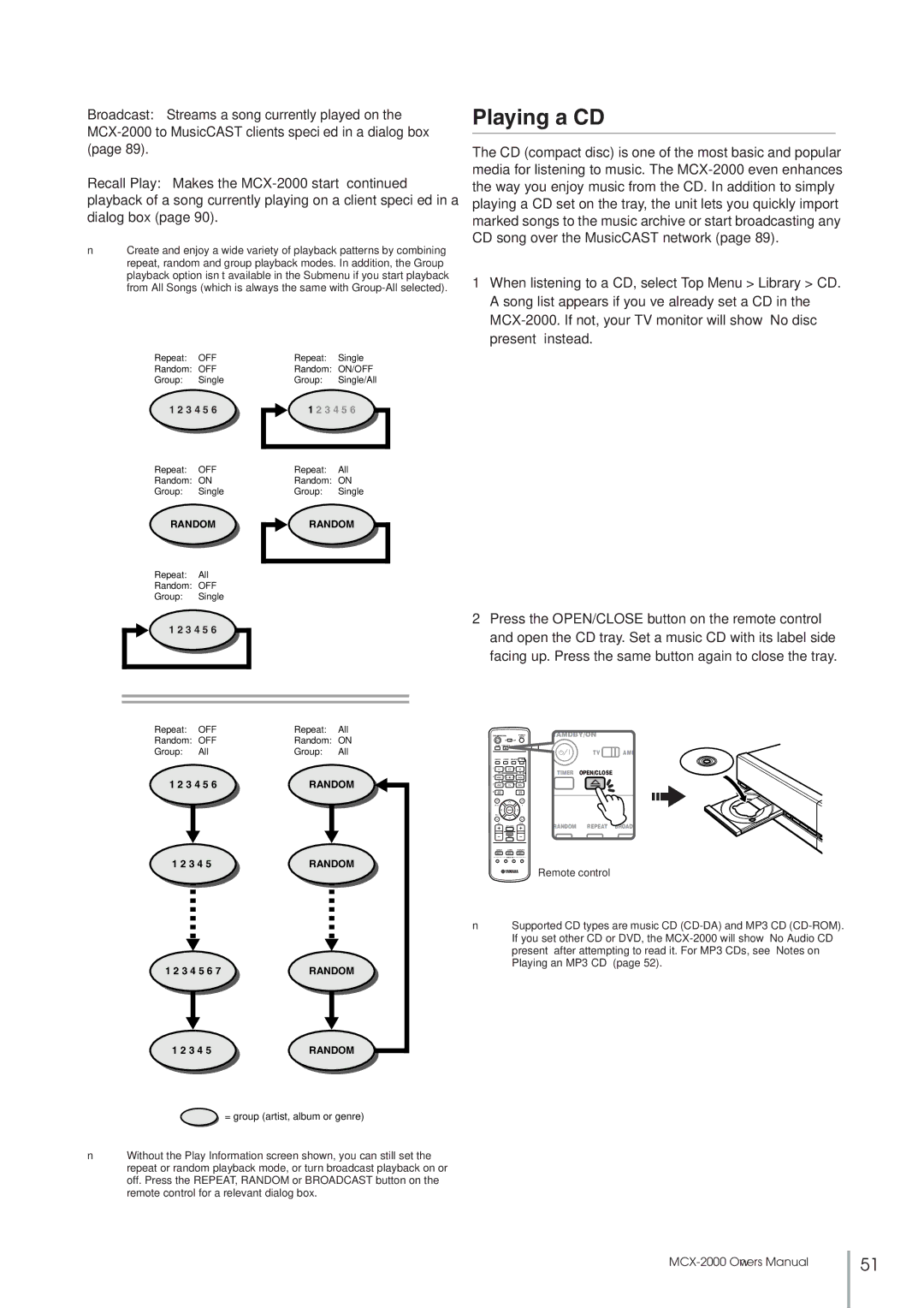 Yamaha MCX-2000 setup guide Playing a CD, Random 