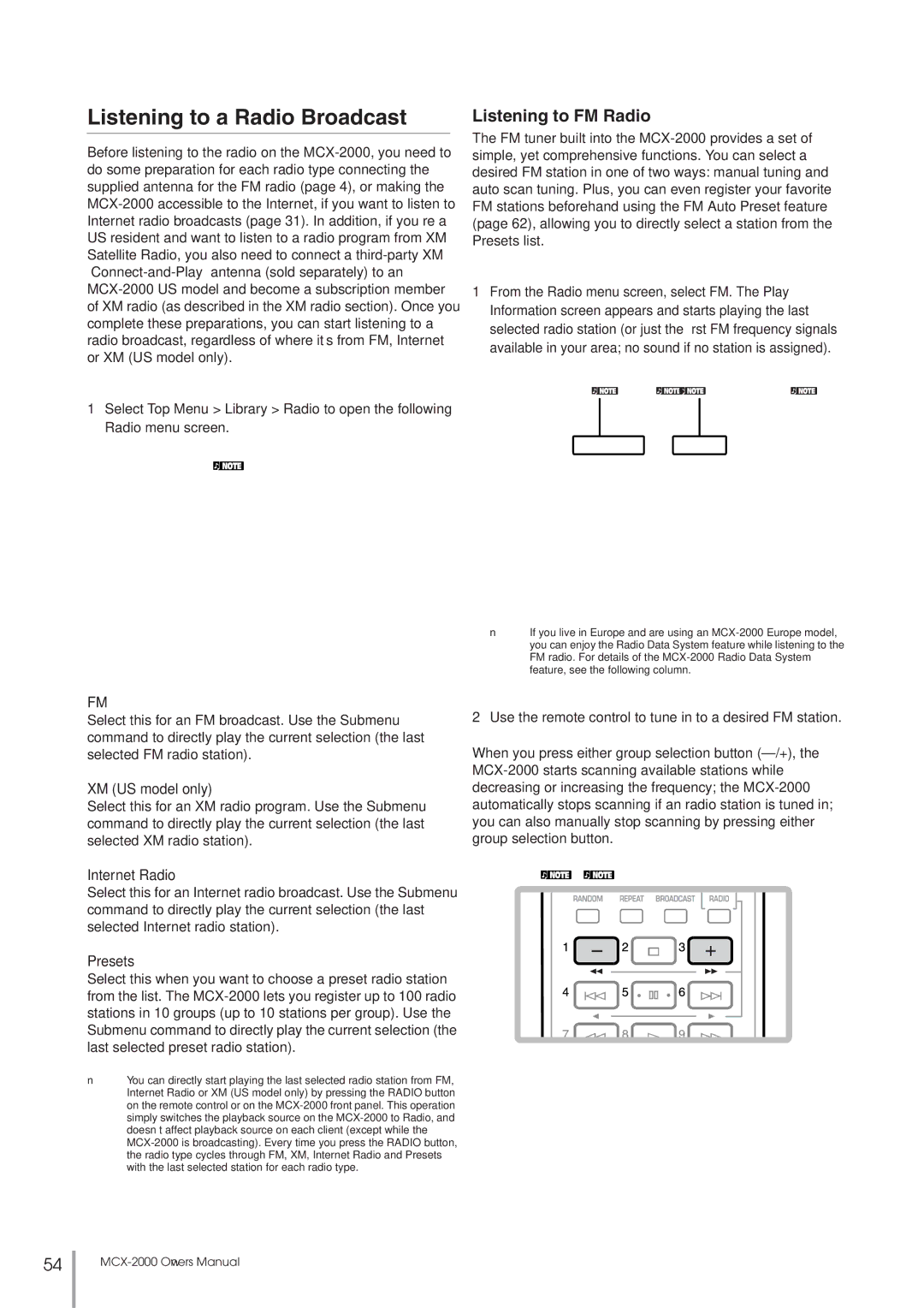 Yamaha MCX-2000 Listening to a Radio Broadcast, Listening to FM Radio, XM US model only, Internet Radio, Presets 