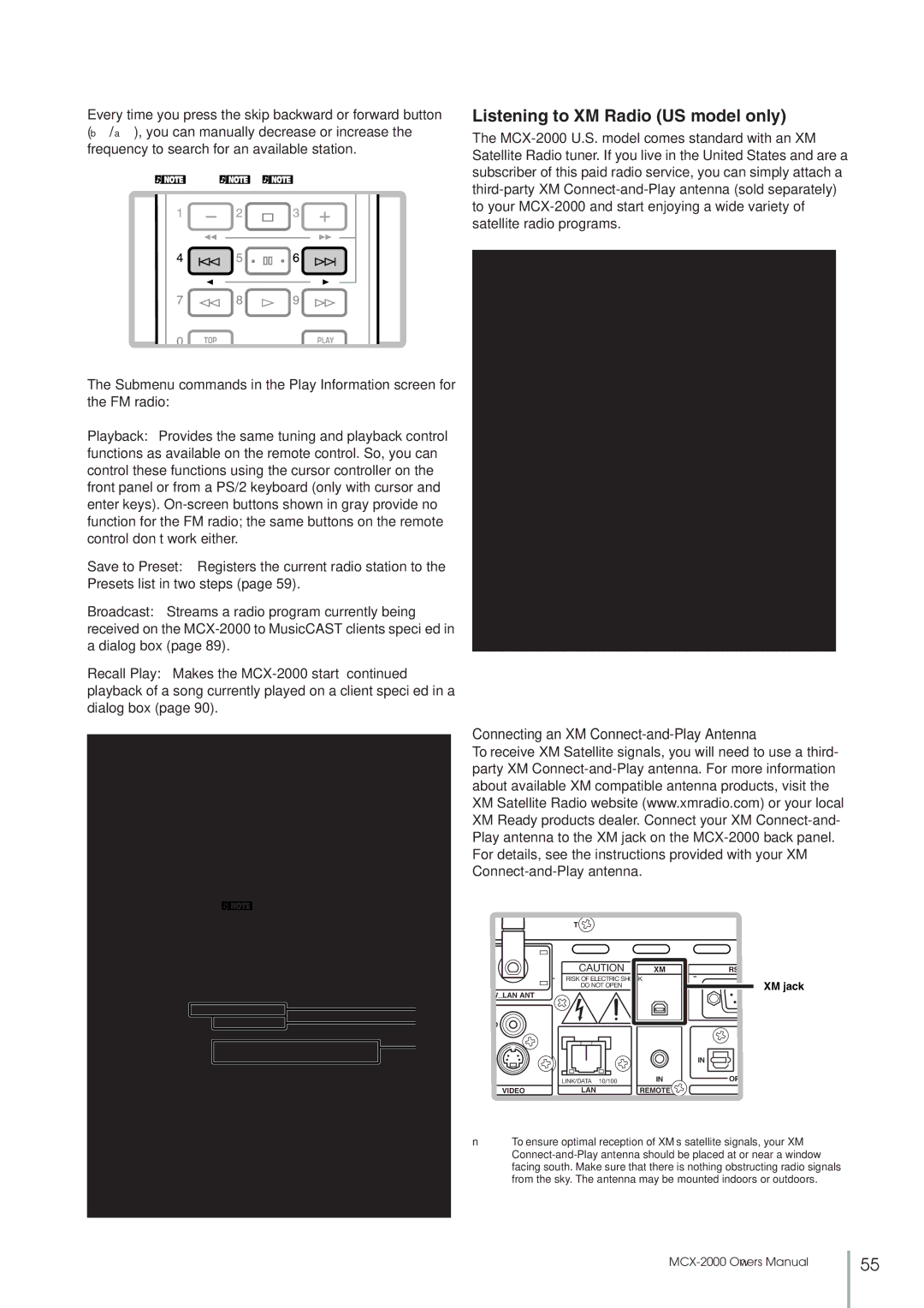 Yamaha MCX-2000 setup guide Listening to XM Radio US model only, Connecting an XM Connect-and-Play Antenna 