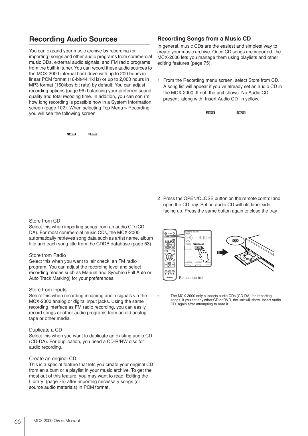 Yamaha MCX-2000 setup guide Recording Audio Sources, Recording Songs from a Music CD 