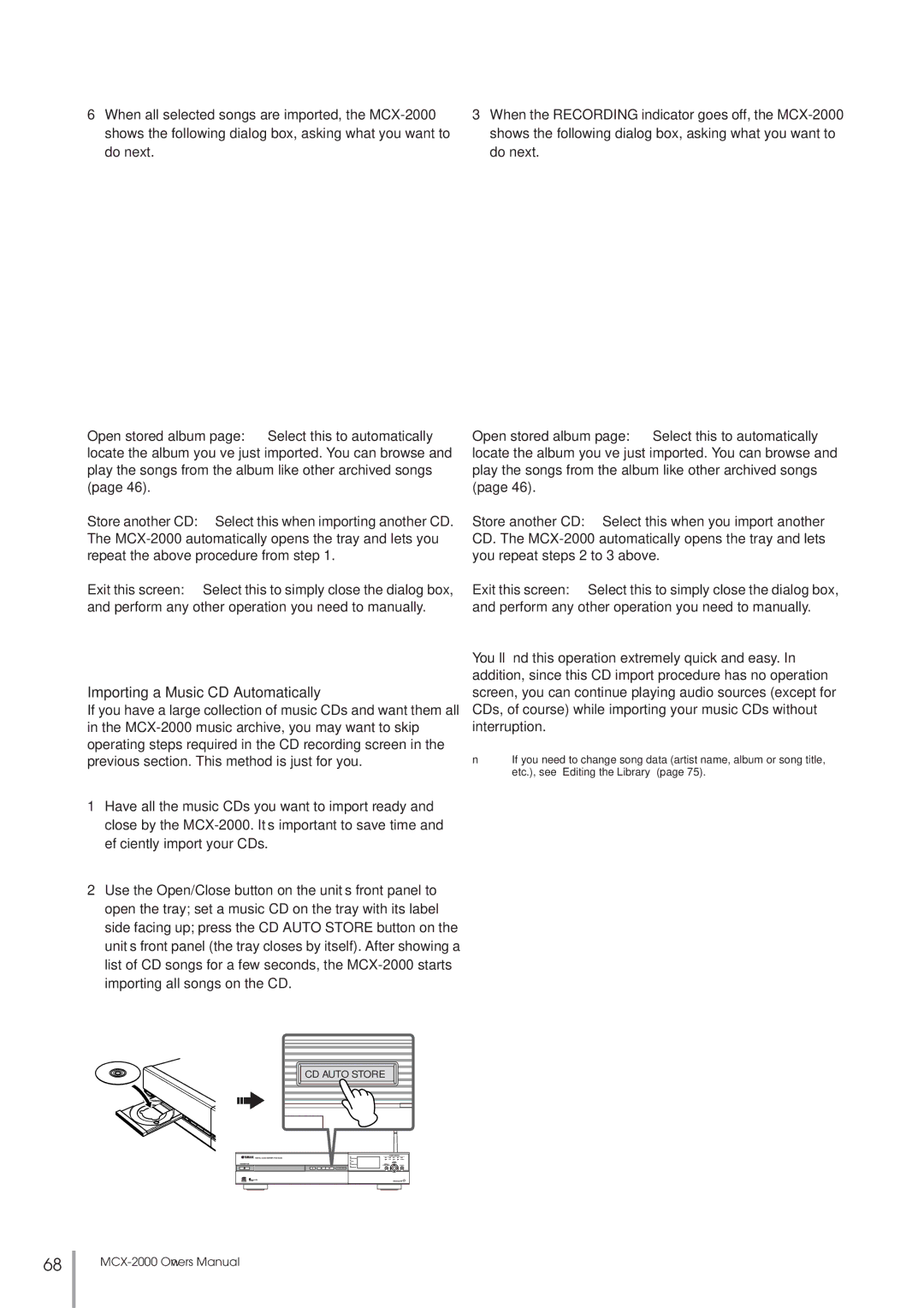 Yamaha MCX-2000 setup guide Importing a Music CD Automatically 