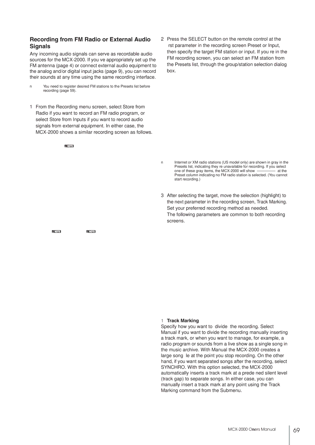 Yamaha MCX-2000 setup guide Recording from FM Radio or External Audio Signals, Track Marking 