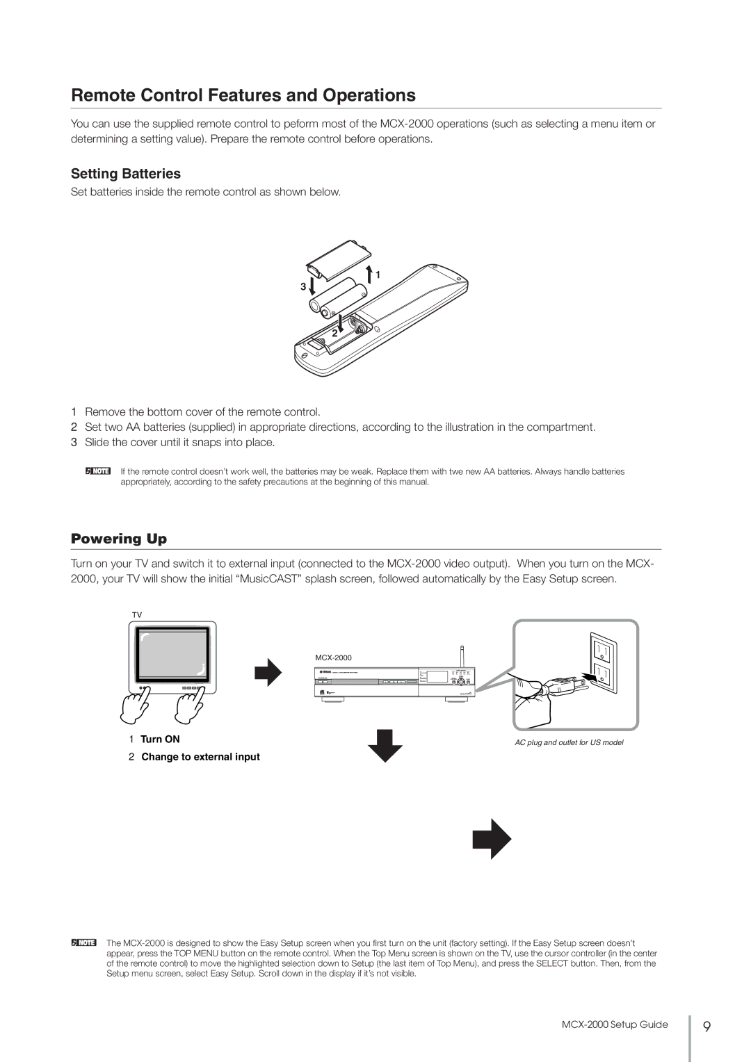 Yamaha MCX-2000 setup guide Remote Control Features and Operations, Setting Batteries, Powering Up 