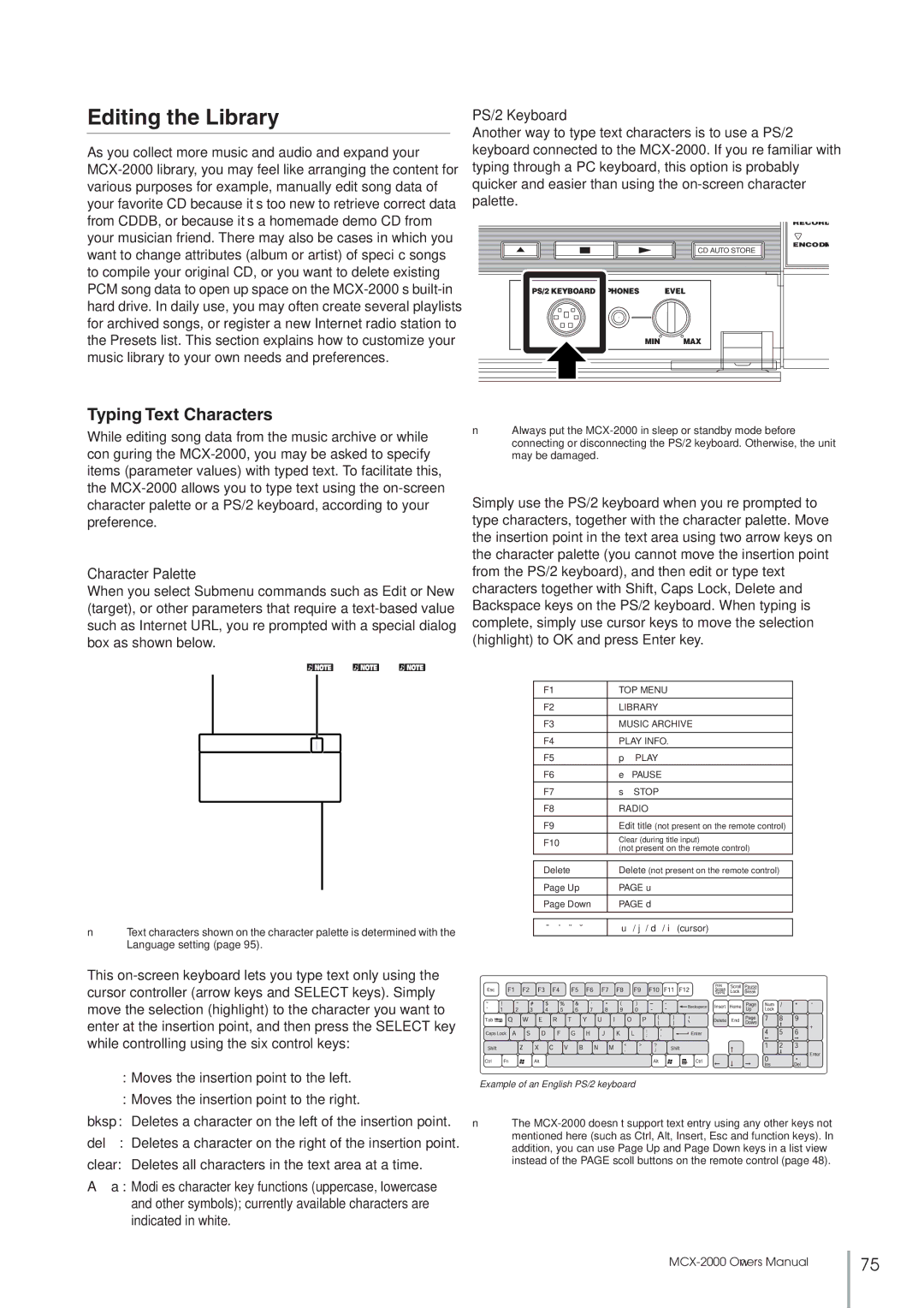 Yamaha MCX-2000 setup guide Editing the Library, Typing Text Characters, PS/2 Keyboard, Character Palette 